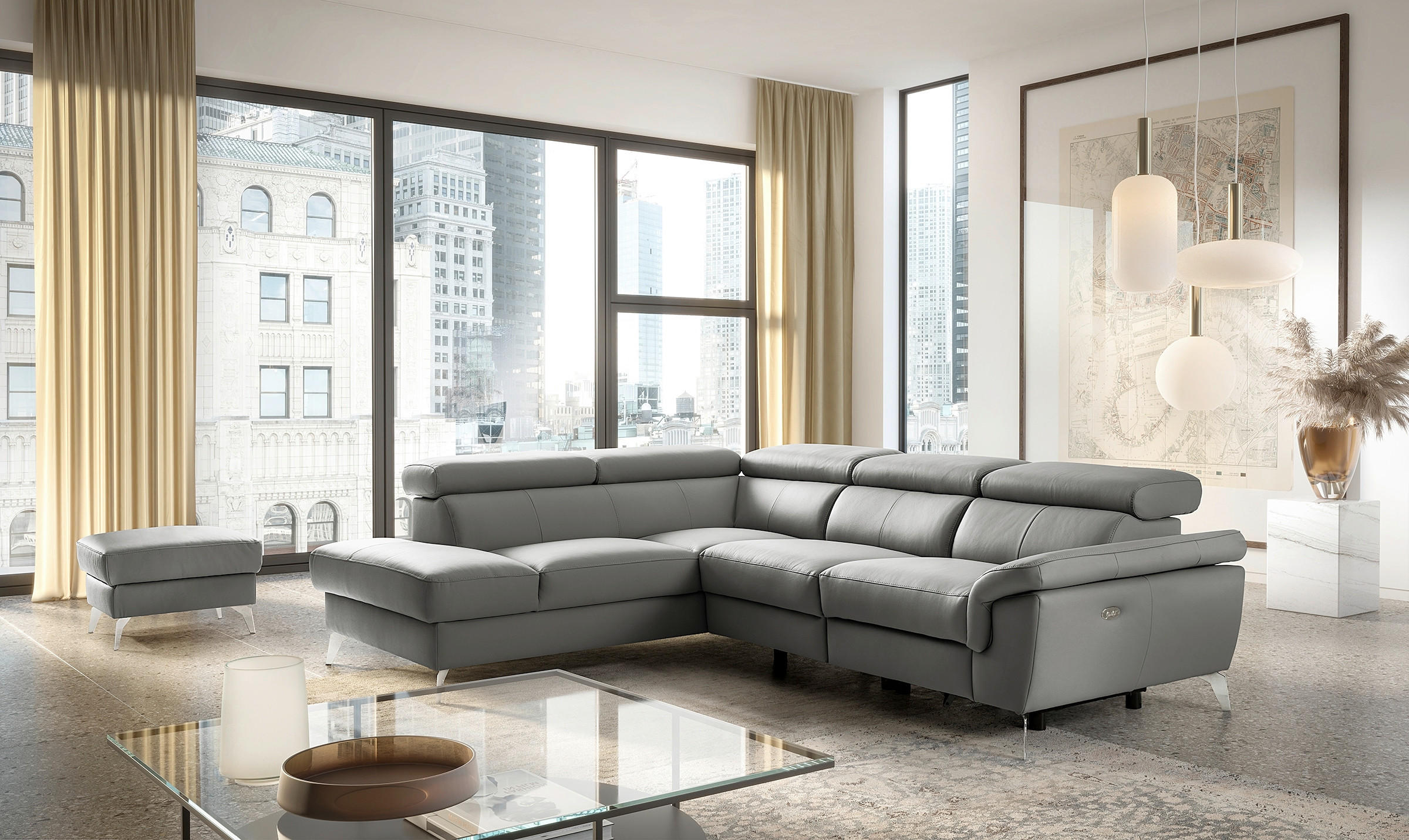 ECKSOFA SONO Anthrazit Echtleder Lederlook Bettkasten, Armteilverstellung, Kopfteilverstellung  - Chromfarben/Anthrazit, Design, Leder/Textil (210/265cm) - Livetastic