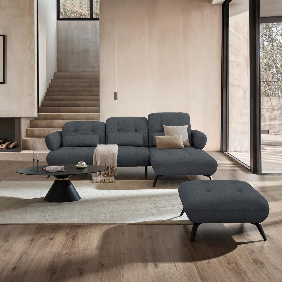 ECKSOFA Chenille Dunkelgrau  - Dunkelgrau/Schwarz, Design, Textil/Metall (282/189cm) - Novel