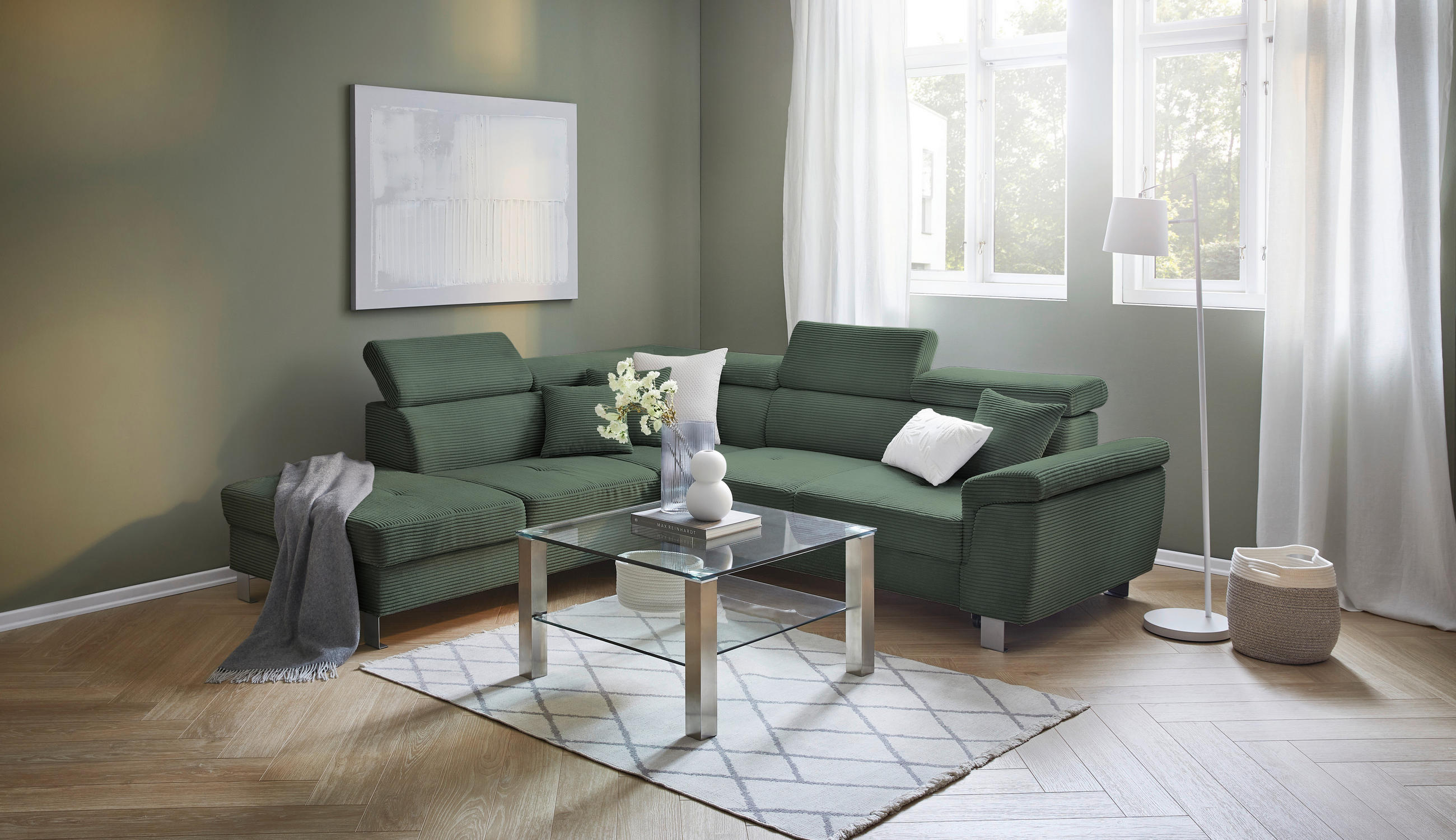 ECKSOFA inkl. Funktionen Waldgrün Cord  - Waldgrün/Silberfarben, Design, Textil/Metall (226/257cm) - Xora