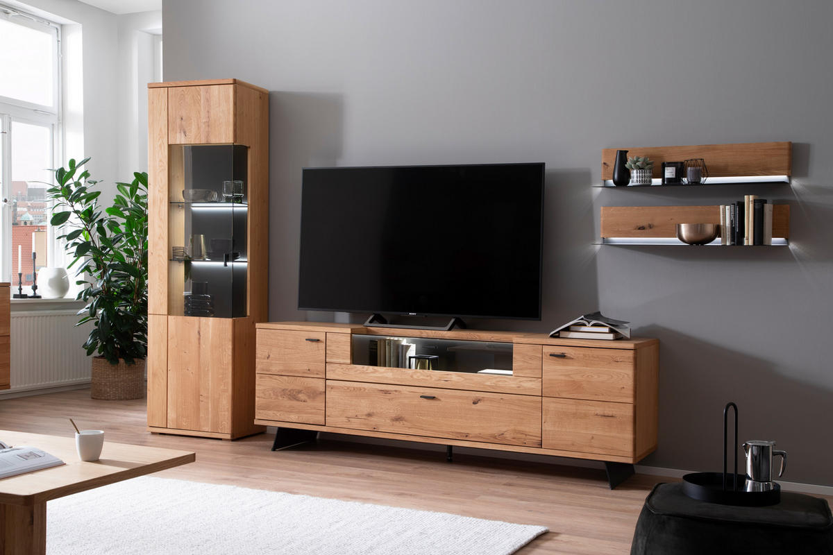 WOHNWAND 3-teilig  in Wildeiche 340/209/50 cm  - Wildeiche/Anthrazit, Natur, Glas/Holz (340/209/50cm) - Linea Natura
