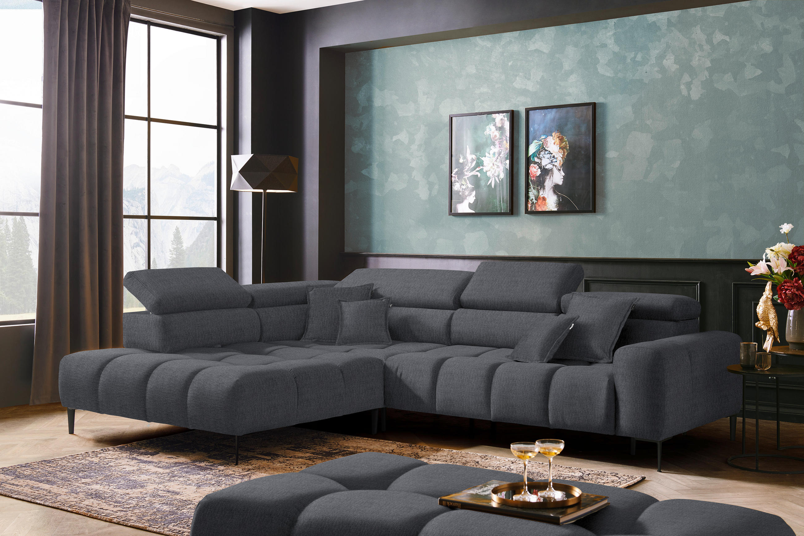 ECKSOFA in Samt, Webstoff Grau  - Schwarz/Grau, Design, Textil/Metall (216/300cm) - Welnova