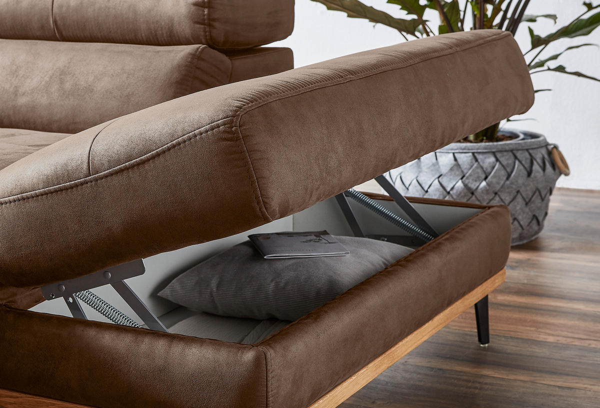 ECKSOFA ink.Funktionen Rotbraun Lederlook  - Rotbraun/Schwarz, Natur, Holz/Textil (282/226cm) - Novel