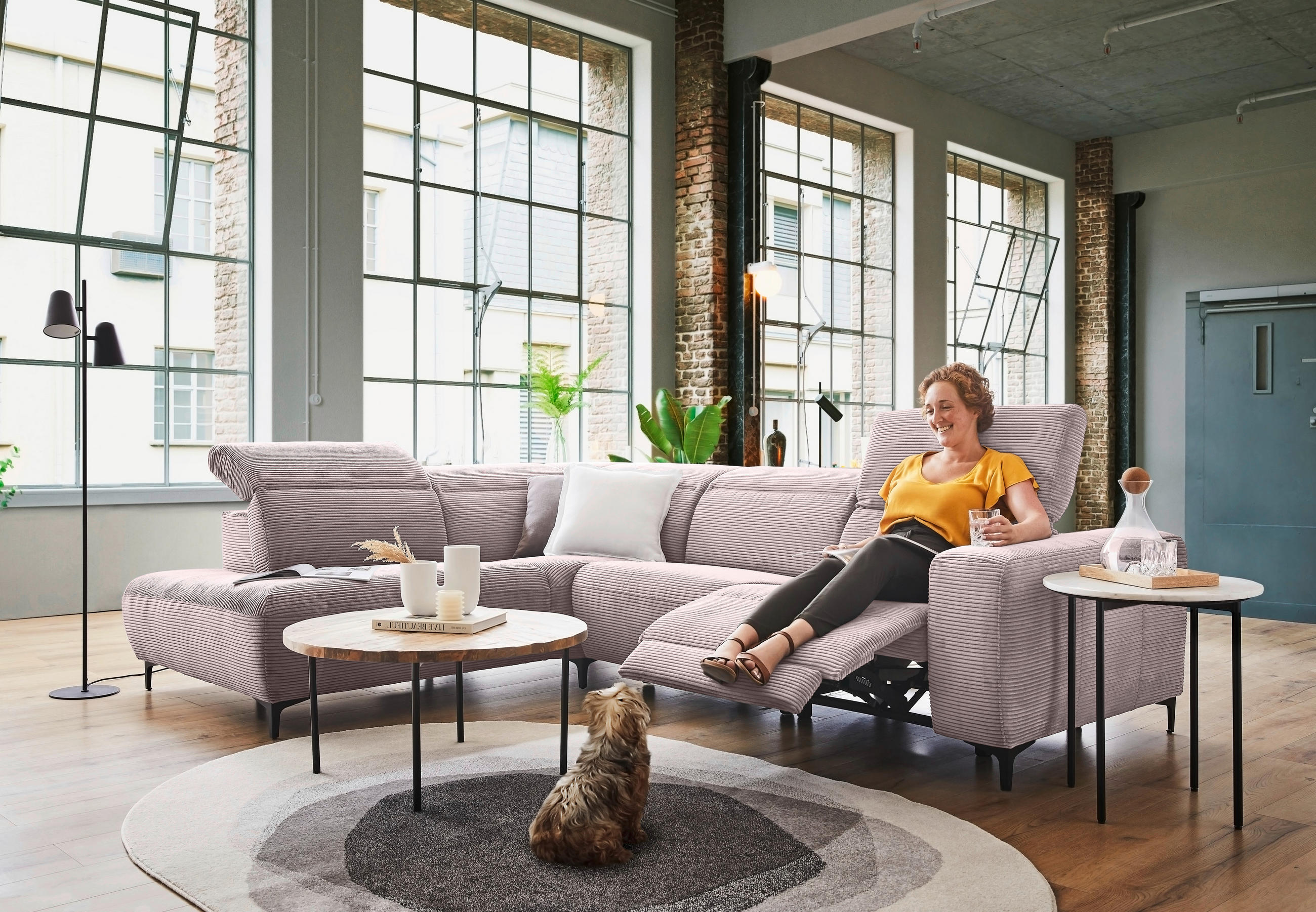 ECKSOFA in Cord Rosa  - Schwarz/Rosa, Design, Textil (223/290cm) - Pure Home Lifestyle