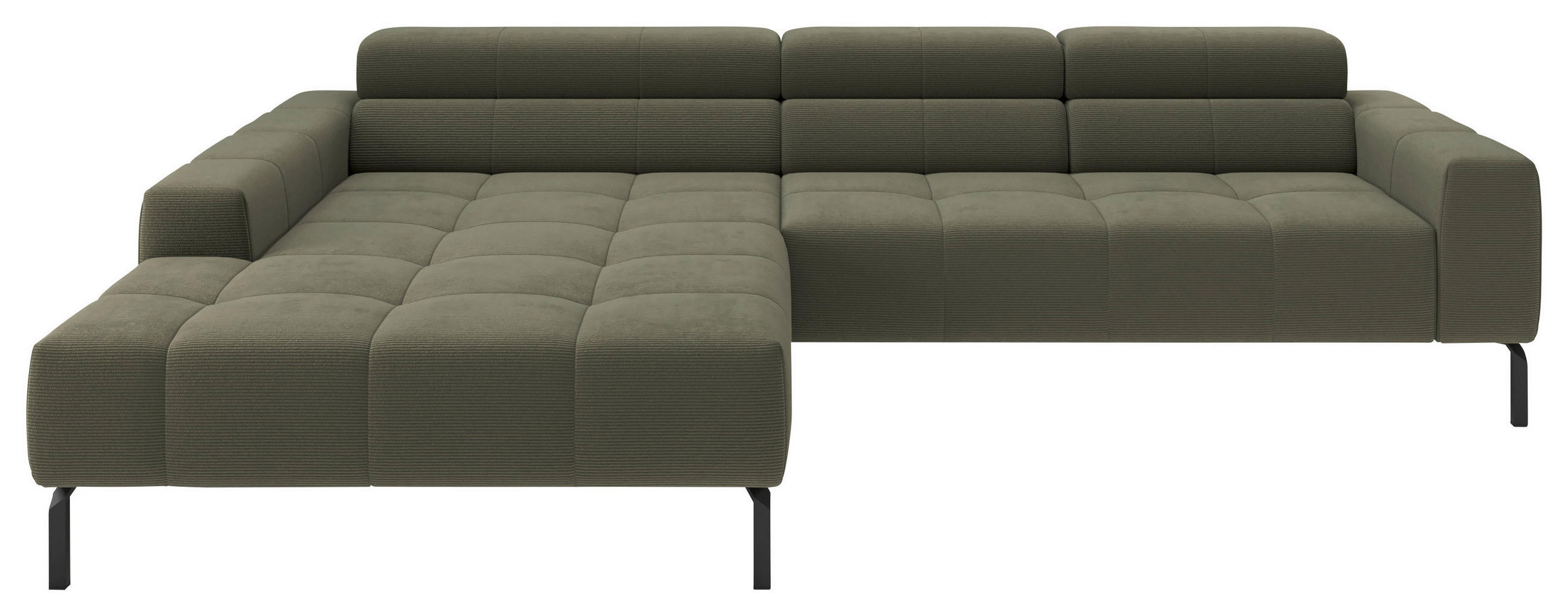 ECKSOFA Olivgrün Feincord Rücken echt, Kopfteilverstellung, Sitztiefenverstellung  - Schwarz/Olivgrün, KONVENTIONELL, Textil/Metall (226/293cm) - Hom`in