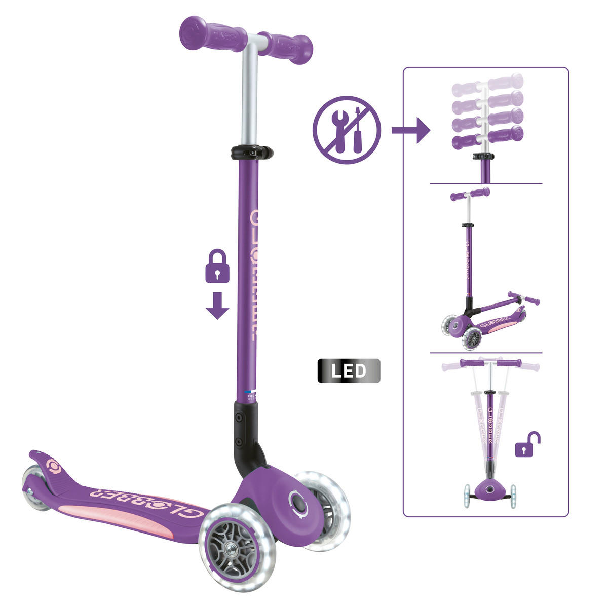 KINDERSCOOTER PRIMO FOLDABLE PLUS LIGHTS  - Hellrosa/Lila, LIFESTYLE, Kunststoff (57,5/28/82,5cm) - GLOBBER