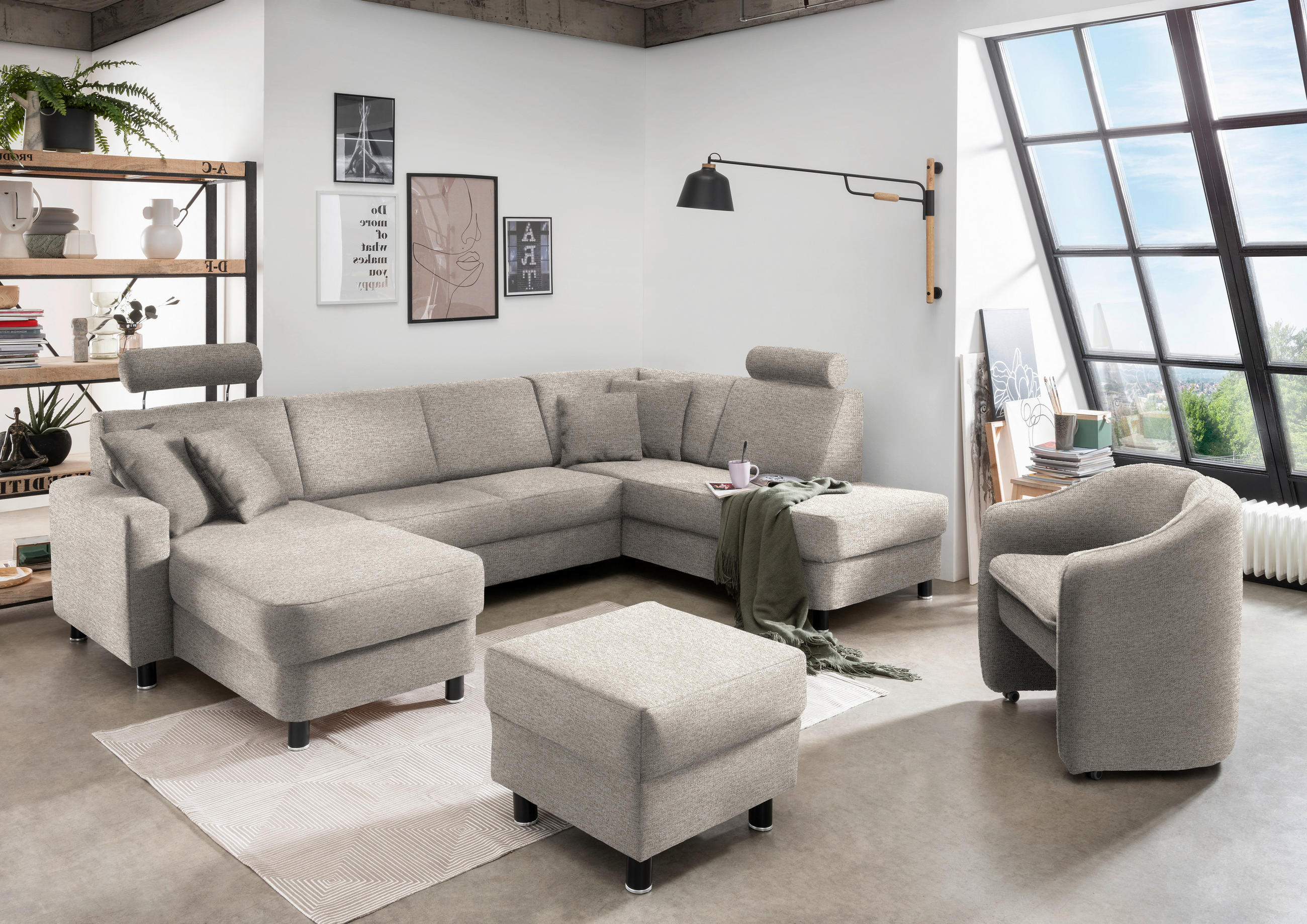 WOHNLANDSCHAFT in Webstoff Beige  - Beige/Schwarz, Design, Holz/Textil (165/296/198cm) - Xora