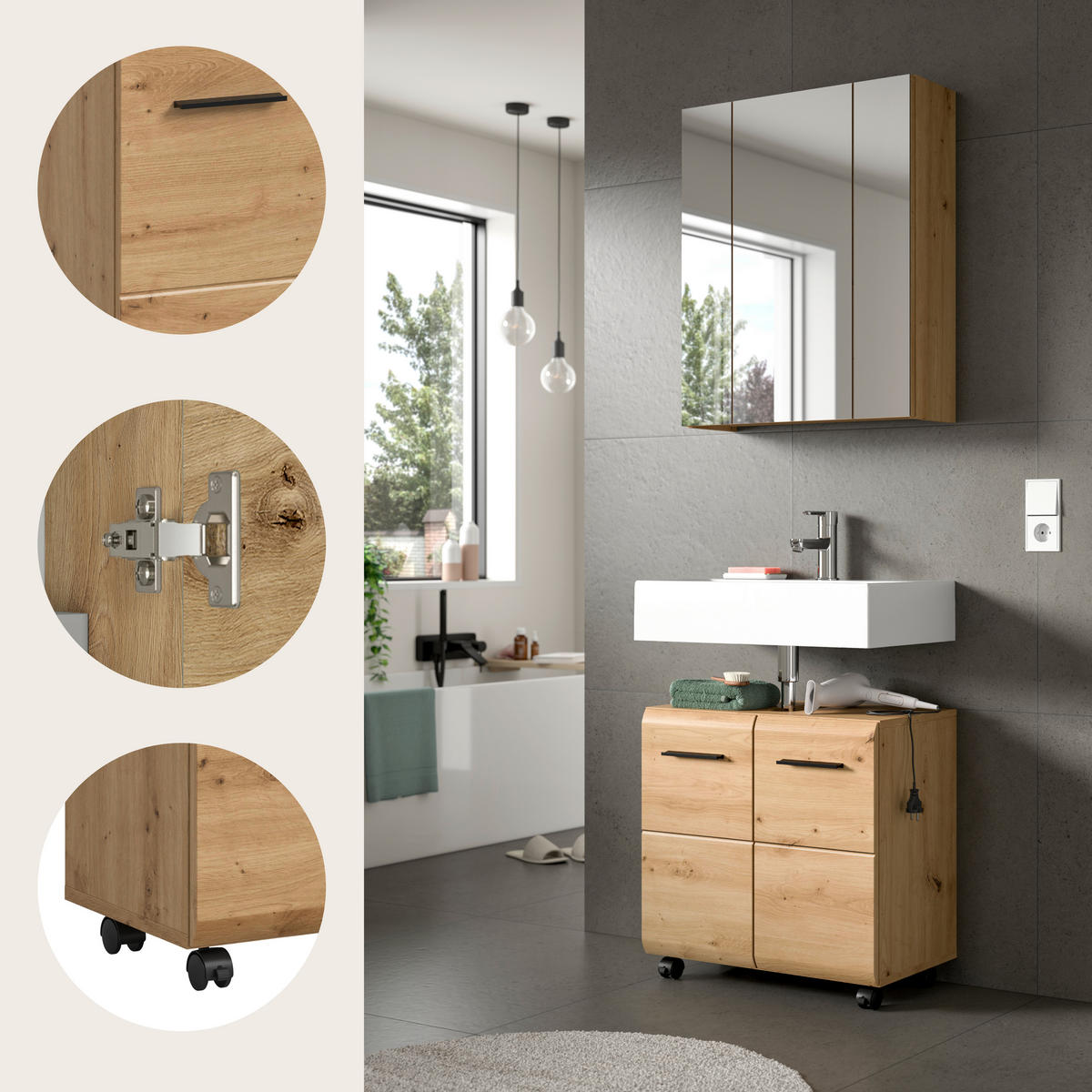 BADEZIMMER 2-teilig  in 60 cm  - Schwarz/Eiche Artisan, Trend, Glas/Holzwerkstoff (60cm) - MID.YOU
