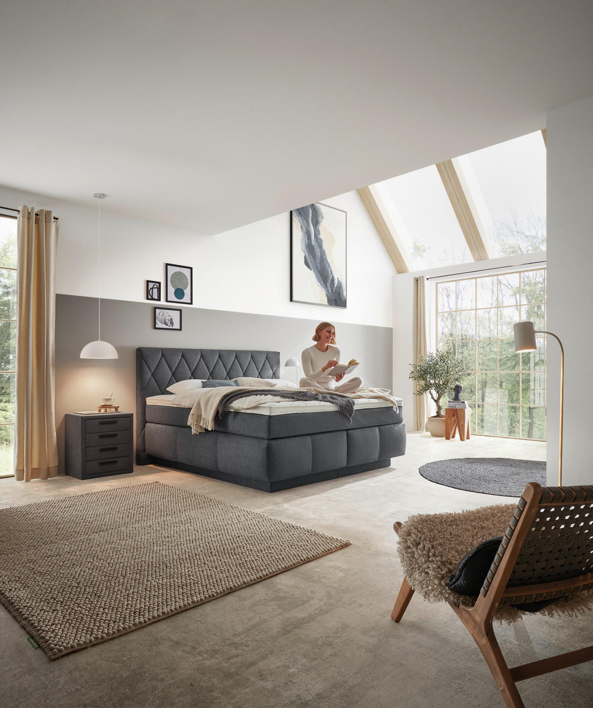 BOXSPRINGBETT 180/200 cm,  in Dunkelblau, Matratze, Topper, unterschiedliche Matratzenhärtegrade je Bettseite, H2 + H3 = mittel + fest  - Schwarz/Dunkelblau, KONVENTIONELL, Holz/Kunststoff (180/200cm) - Voleo