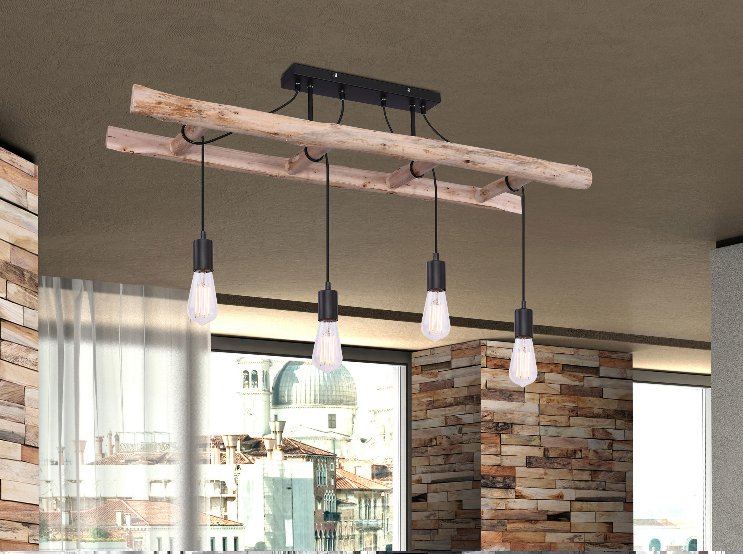 HÄNGELEUCHTE 115/30/80 cm   - Schwarz/Naturfarben, Natur, Holz/Metall (115/30/80cm) - Globo