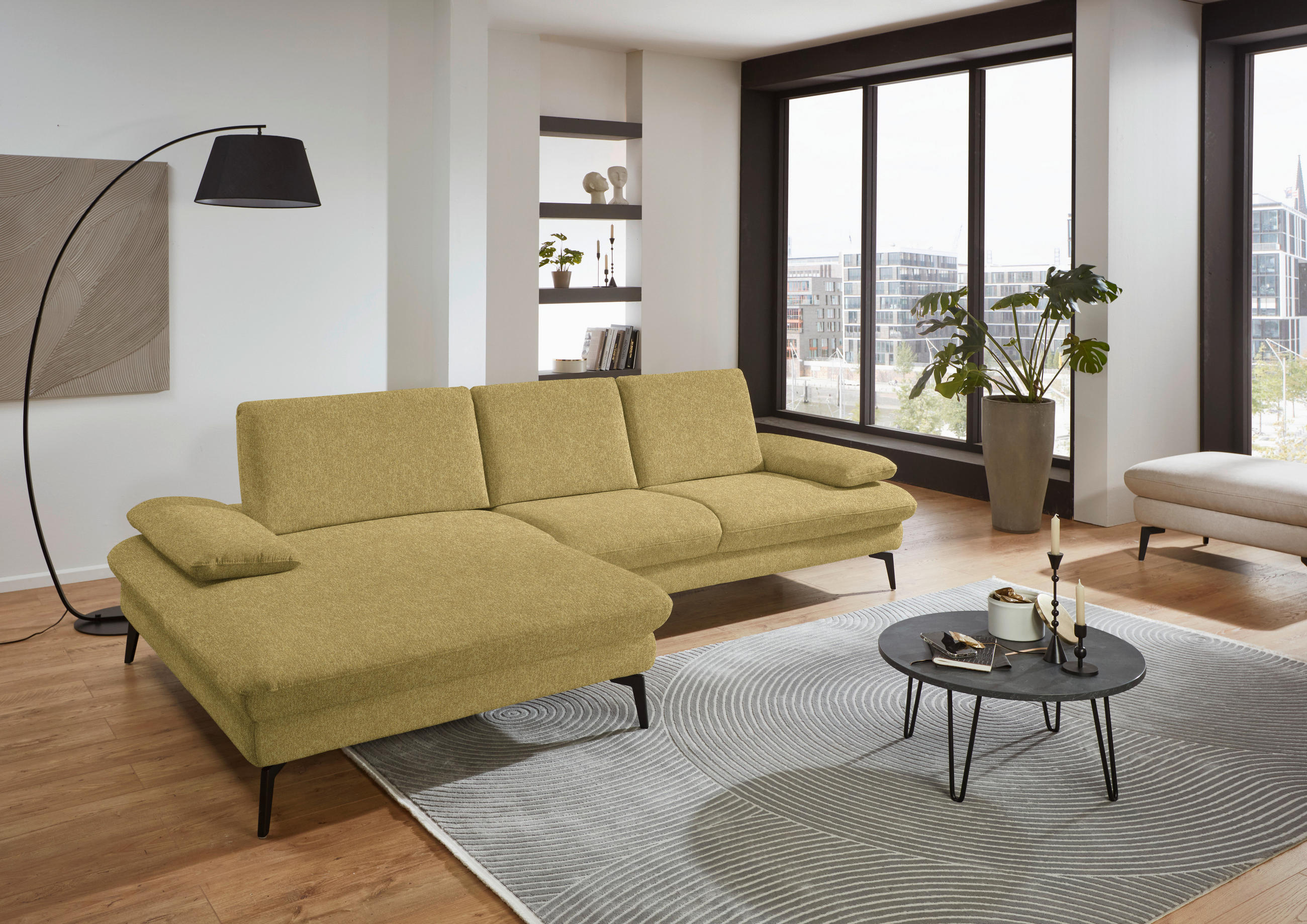ECKSOFA in Chenille, Mikrofaser Hellgrün  - Schwarz/Hellgrün, Design, Textil/Metall (157/299cm) - Dieter Knoll