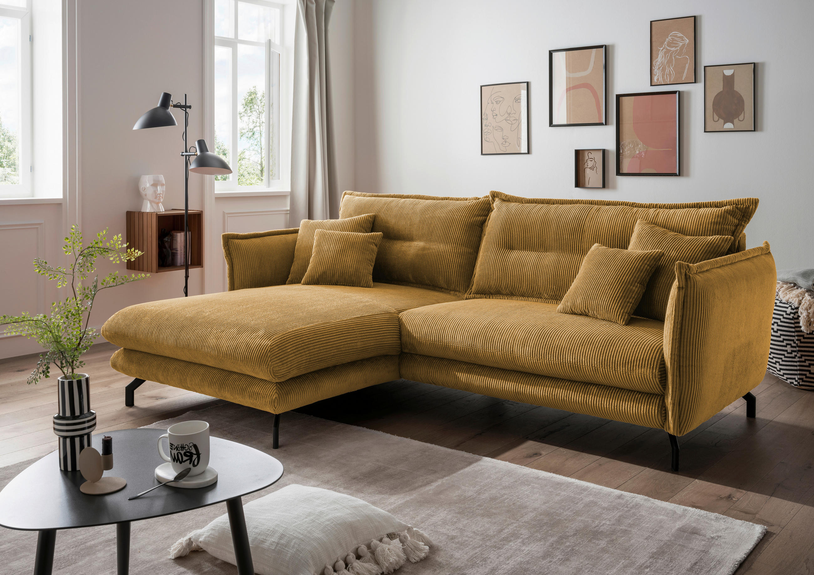 ECKSOFA in Cord Goldfarben  - Goldfarben/Schwarz, Modern, Textil/Metall (180/255cm) - Livetastic