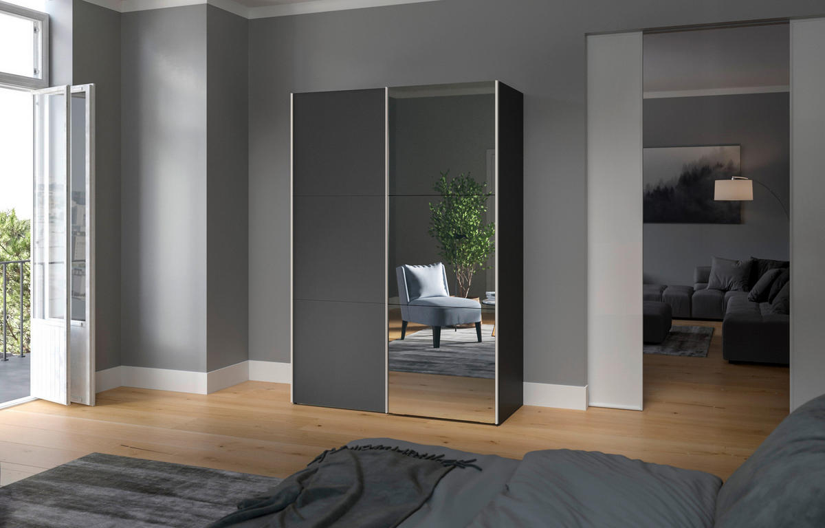 SCHWEBETÜRENSCHRANK 152/215/65 cm 2-türig Anthrazit, Schwarz  - Edelstahlfarben/Anthrazit, Design, Glas/Holzwerkstoff (152/215/65cm) - Boxxx