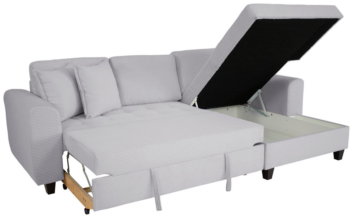 ECKSOFA MORITZ Hellgrau Cord Zierkissen, Bettkasten  - Hellgrau, Trend, Textil (265/155cm) - P & B