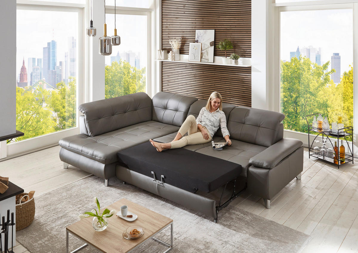 ECKSOFA in Echtleder Grau  - Grau, Basics, Leder/Metall (211/309cm) - Beldomo Speed