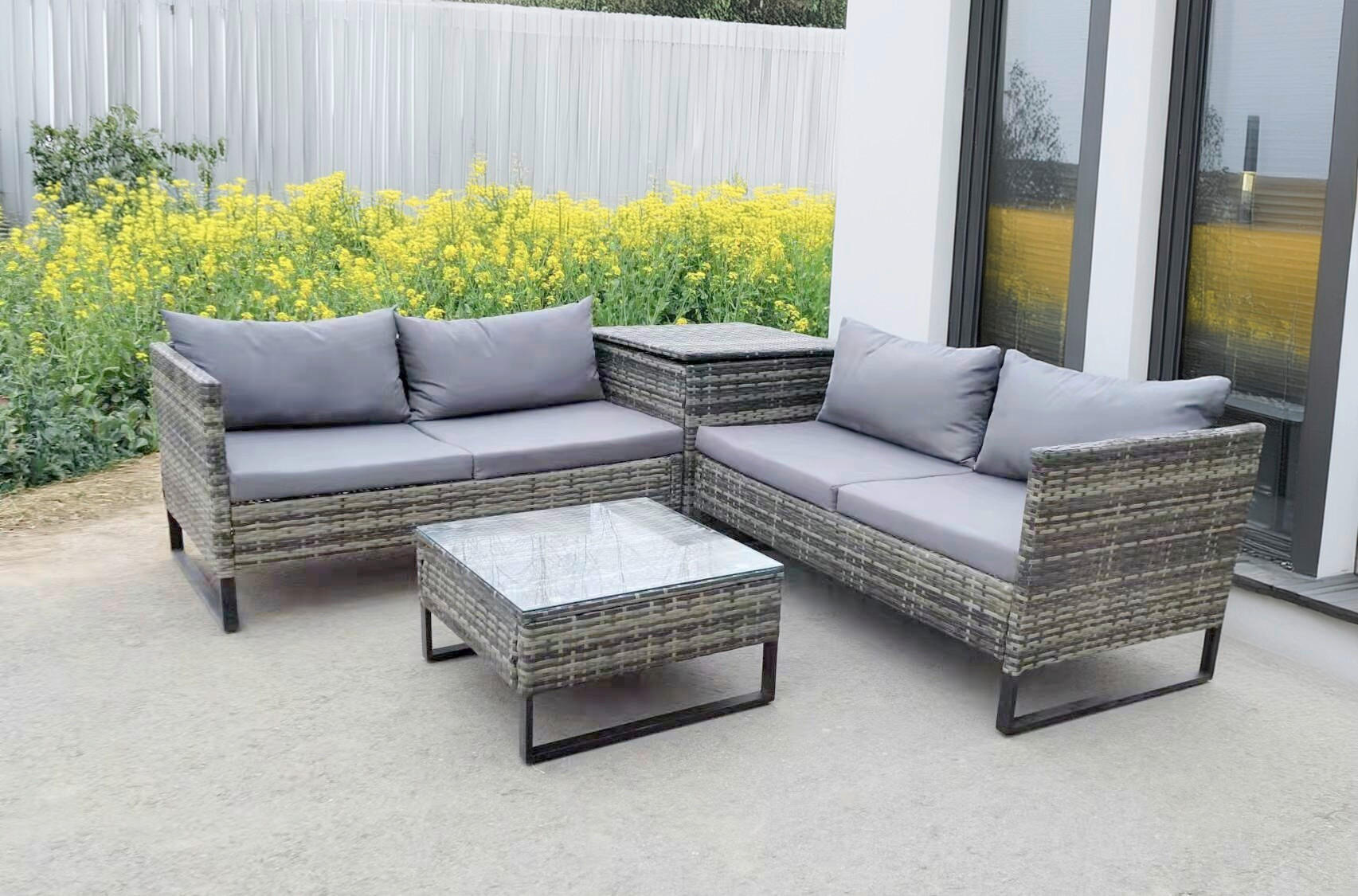 LOUNGEGARNITUR   Stahl  - Dunkelgrau/Schwarz, Basics, Glas/Kunststoff - Gardenson