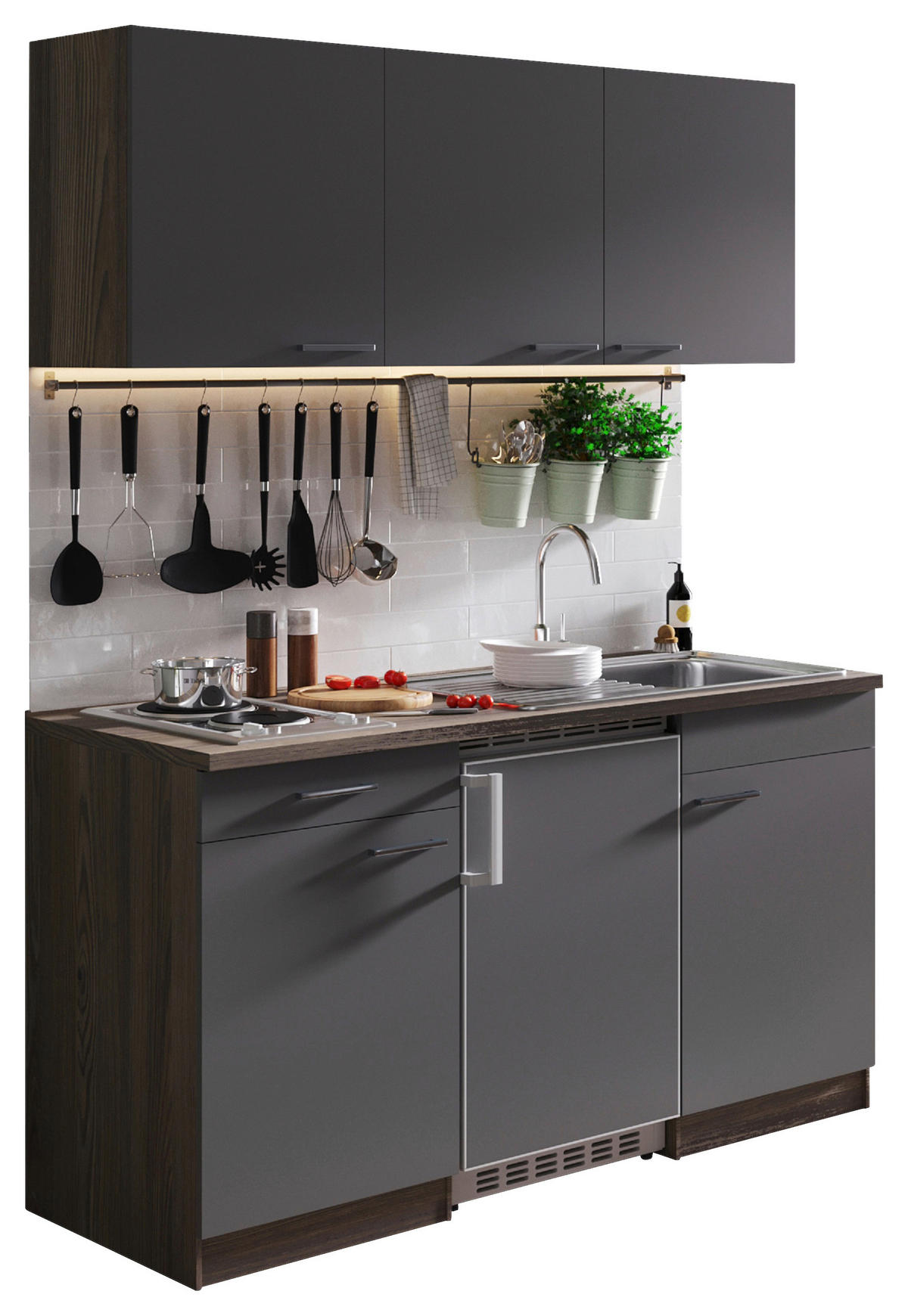 MINIKÜCHE 150 cm   in Grau  - Eichefarben/Alufarben, Basics, Holzwerkstoff/Kunststoff (150cm) - Respekta