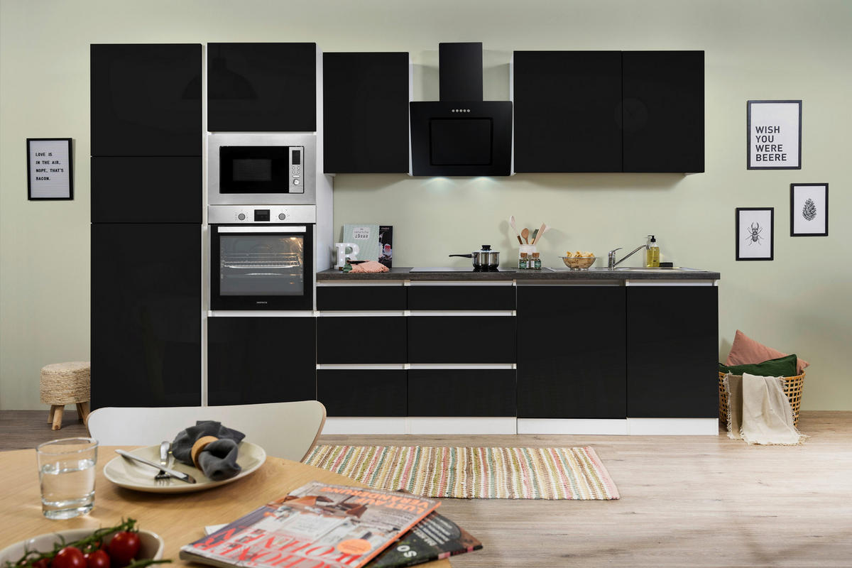 KÜCHENBLOCK 345 cm   in Schwarz Hochglanz  - Schwarz Hochglanz/Graphitfarben, Basics, Holzwerkstoff (345cm) - Respekta