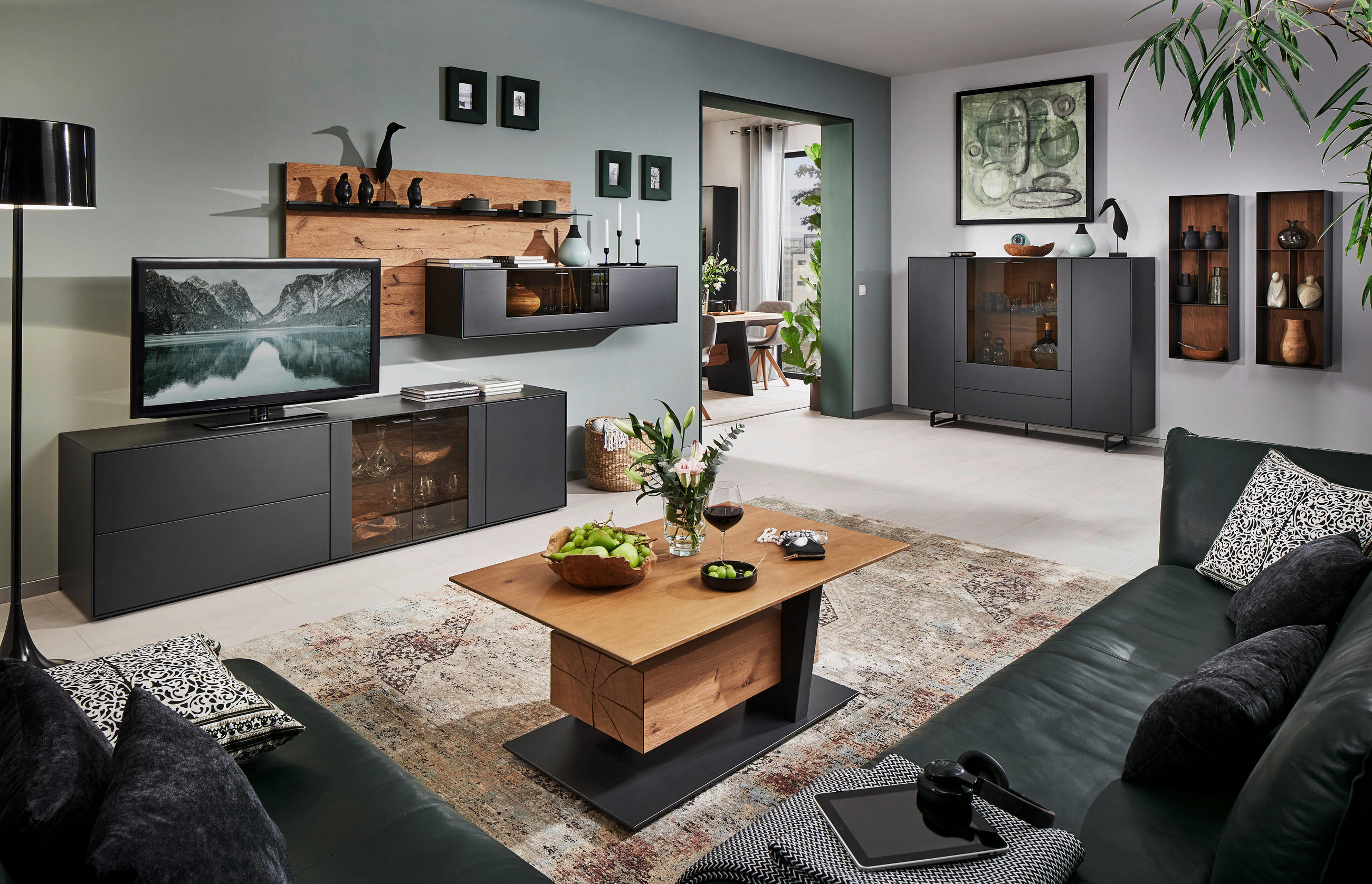 WOHNWAND  in Anthrazit, Eichefarben  313/174/49 cm  - Eichefarben/Anthrazit, Natur, Glas/Holz (313/174/49cm) - Valnatura