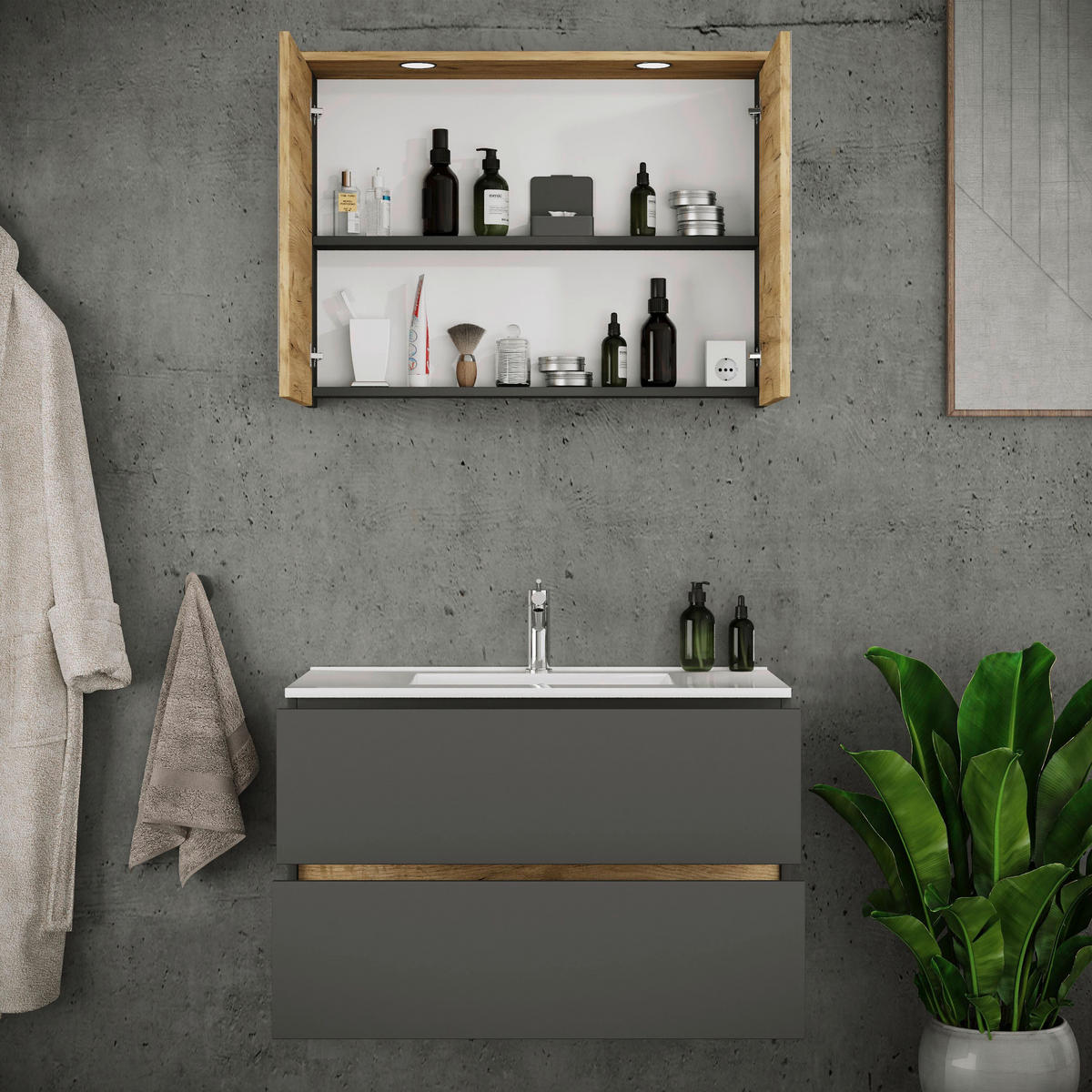 BADEZIMMER 3-teilig 110 cm  - Honigeiche/Weiss, Trend, Keramik/Holzwerkstoff (110cm) - MID.YOU