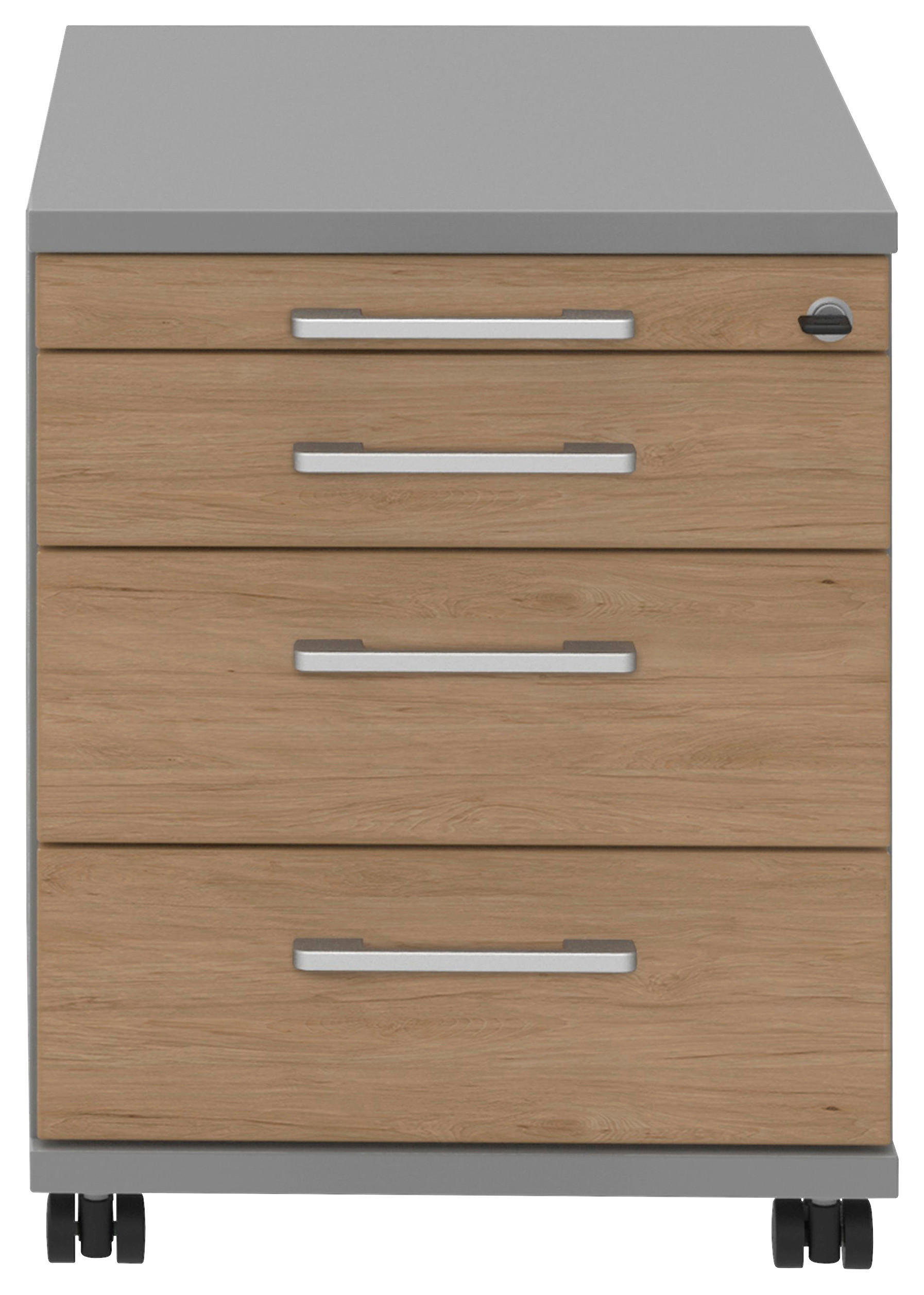 ROLLCONTAINER Grau, Eichefarben, Alufarben  - Eichefarben/Alufarben, KONVENTIONELL, Holzwerkstoff/Metall (42,7/54,4/60cm) - Moderano