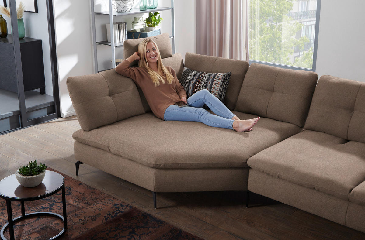 ECKSOFA in Flachgewebe Graubraun  - Graubraun/Schwarz, Design, Textil/Metall (157/344cm) - Chilliano