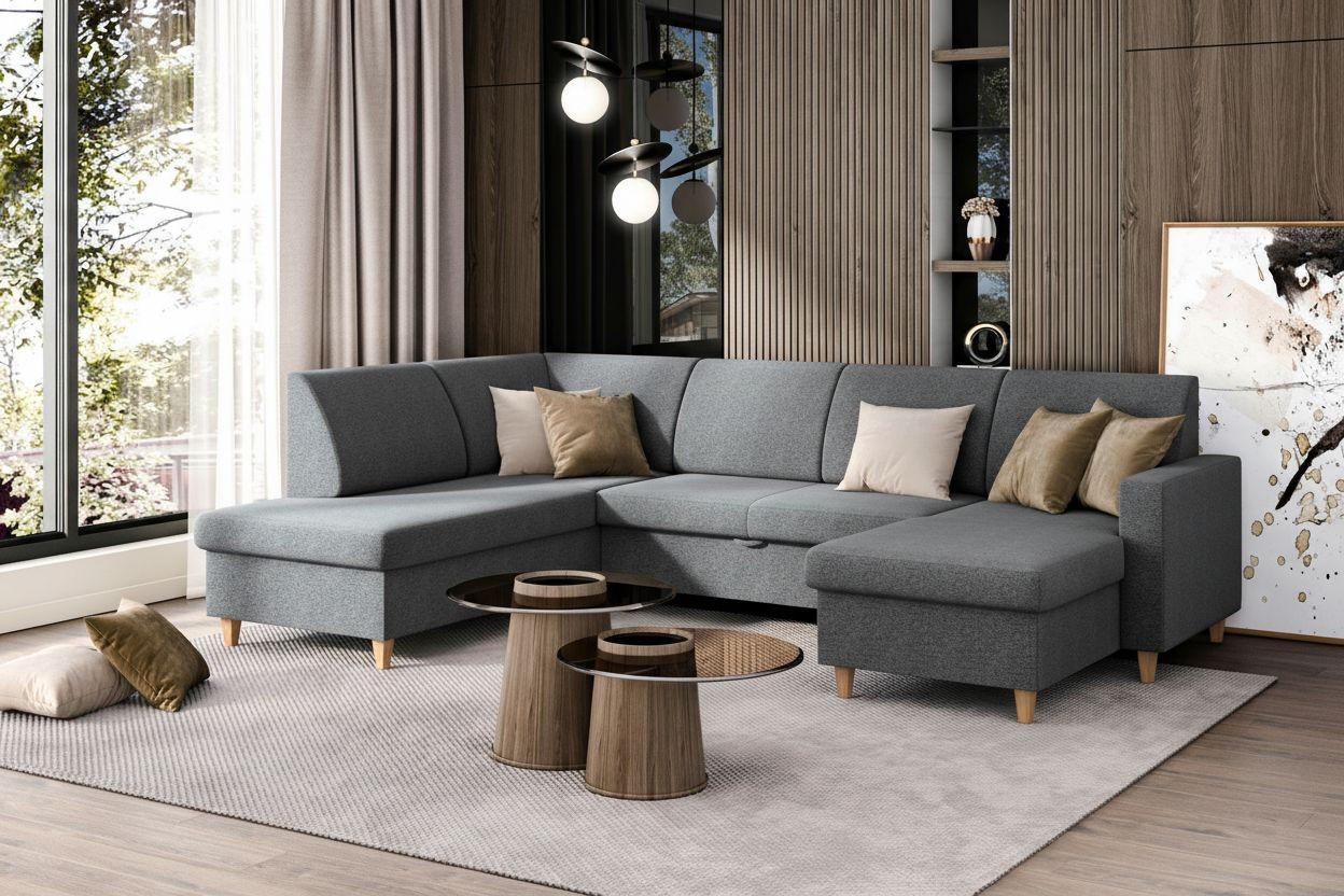 WOHNLANDSCHAFT NIKAS Grau Bouclé  - Buchefarben/Grau, Design, Holz/Textil (310/198/145cm) - MID.YOU