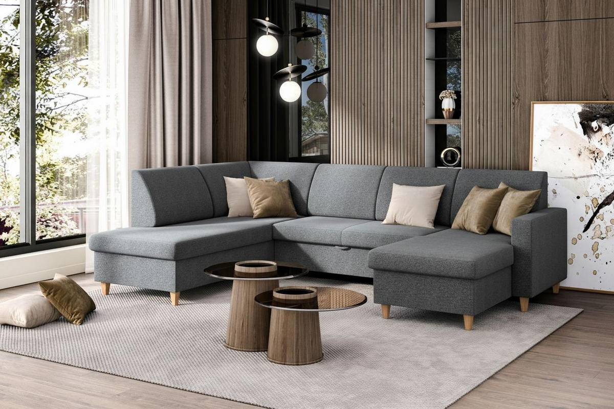 WOHNLANDSCHAFT NIKAS Grau Bouclé  - Buchefarben/Grau, Design, Holz/Textil (310/198/145cm) - MID.YOU