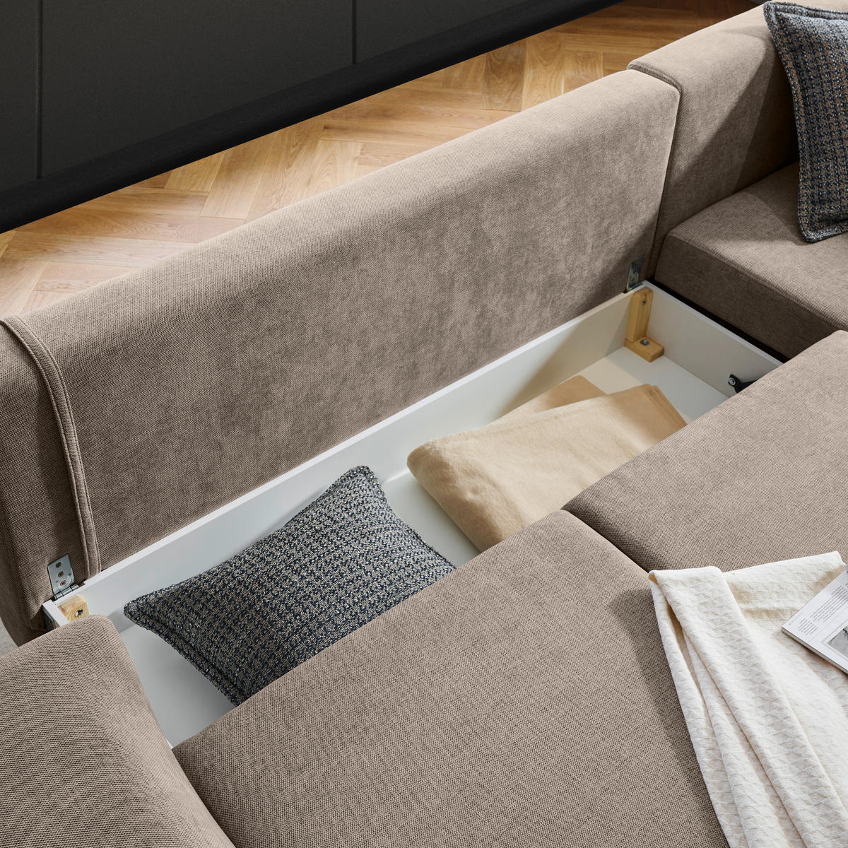 ECKSOFA inkl. Funktionen Greige Webstoff  inkl. Rückenkissen, Bettkasten, Schlaffunktion, Rücken echt  - Wengefarben/Greige, Design, Holz/Textil (314/211cm) - Stylife