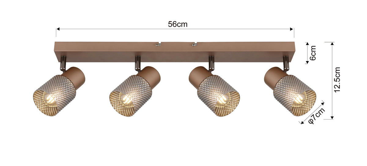 DECKENLEUCHTE 56/12/12,5 cm   - Cappuccino, Design, Glas/Metall (56/12/12,5cm) - Novel