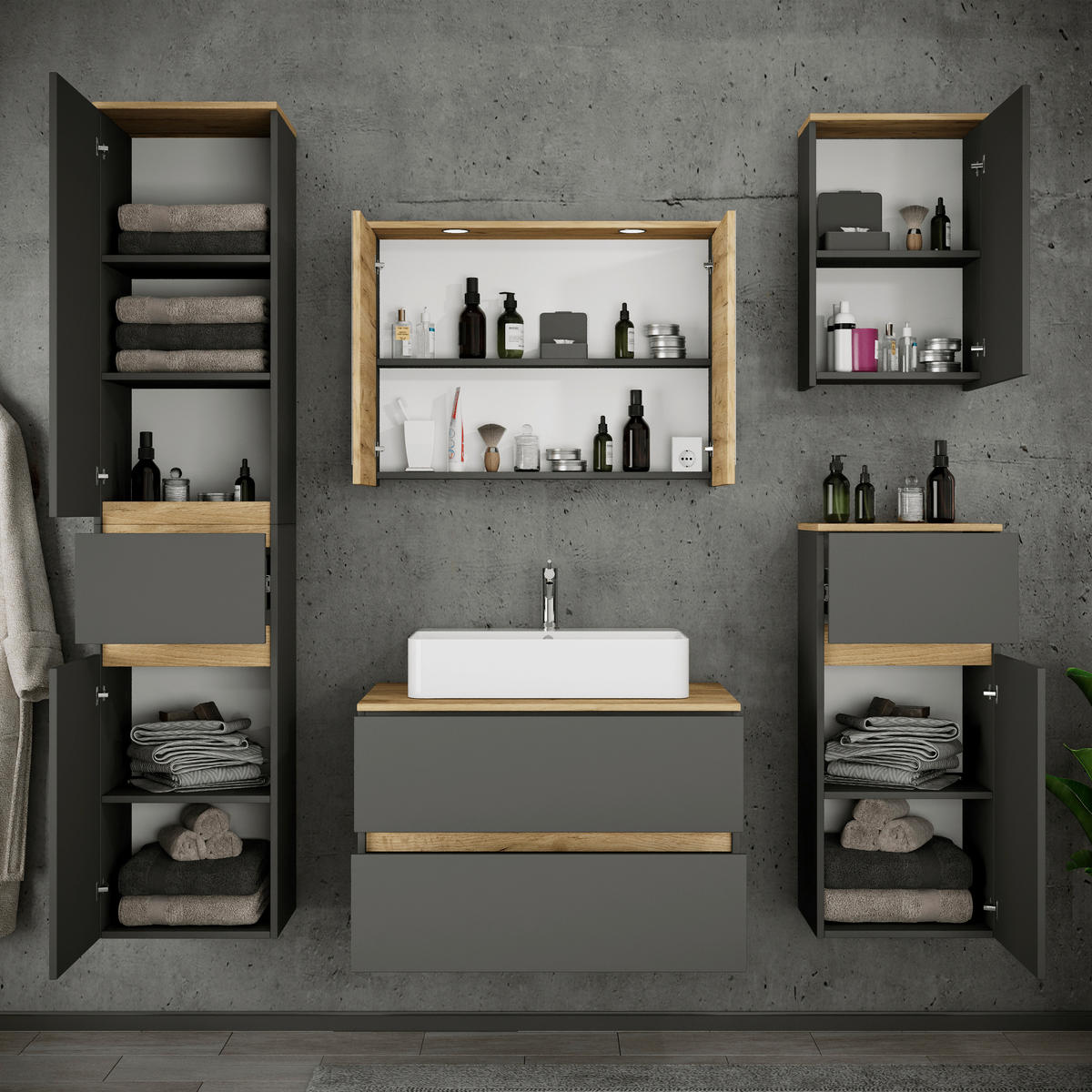 BADEZIMMER 6-teilig  in 160 cm  - Honigeiche/Anthrazit, Trend, Keramik/Holzwerkstoff (160cm) - MID.YOU