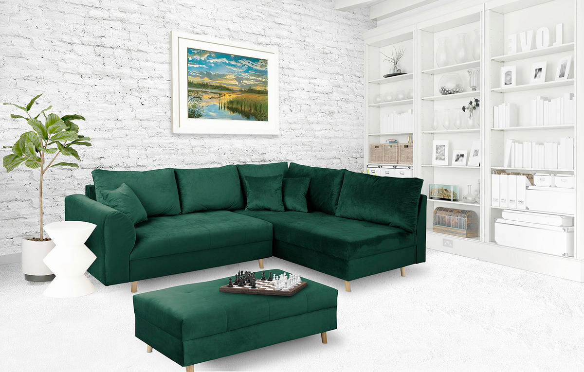 ECKSOFA inkl. Hocker Ariella in Samt Grün  231/161 cm  - Naturfarben/Grün, Design, Holz/Textil (231/161cm) - Livetastic