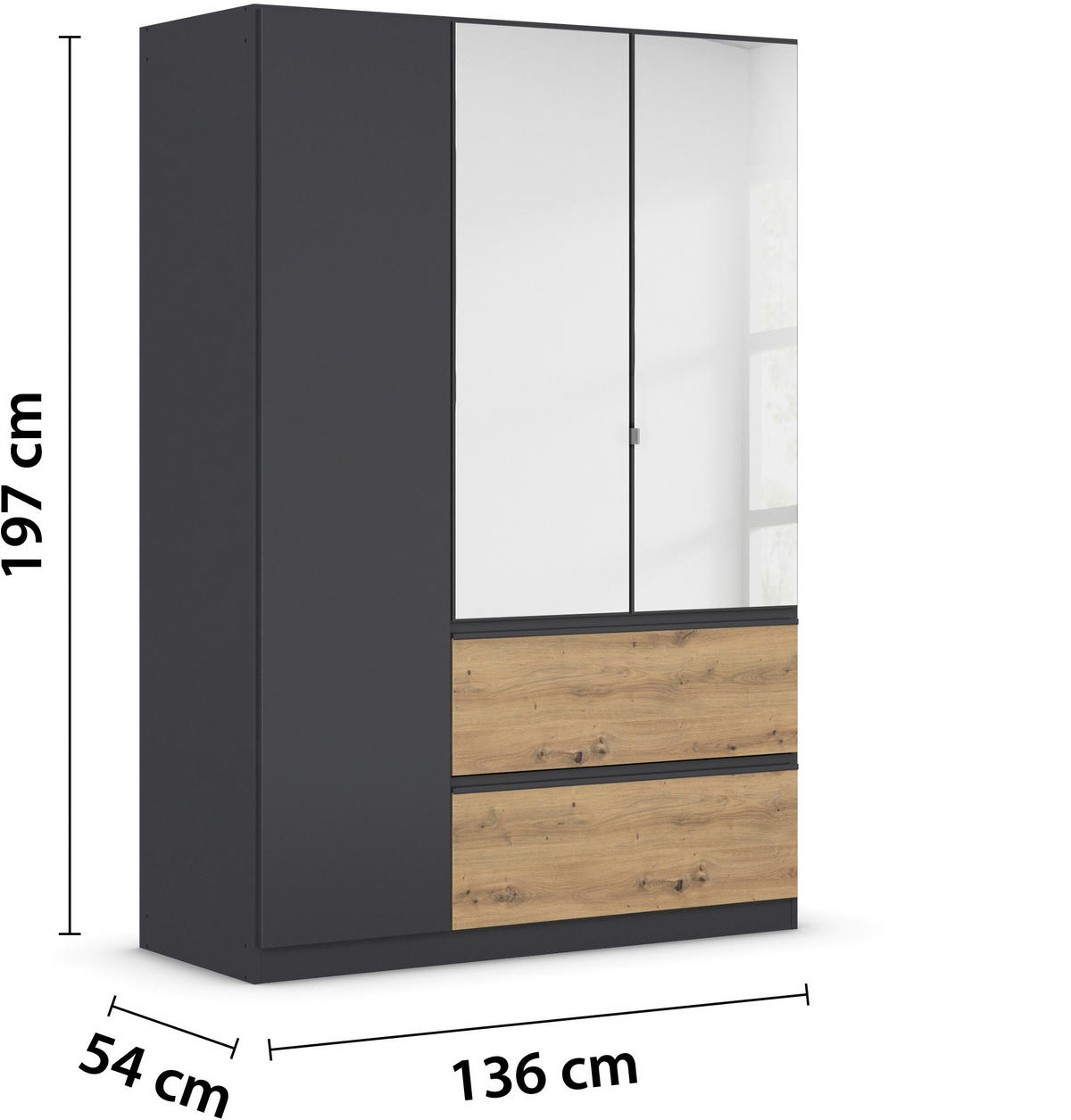DREHTÜRENSCHRANK in Grau, Eiche Artisan  - Eiche Artisan/Grau, Modern, Holzwerkstoff (136/197/54cm) - Rauch Möbel