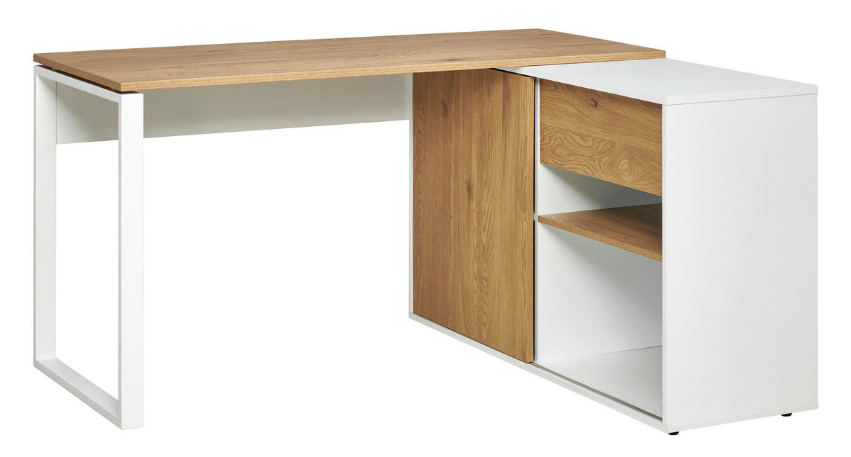 ECKSCHREIBTISCH  Weiß, Eichefarben Stauraum, seitenverkehrt montierbar  - Eichefarben/Weiß, MODERN, Holzwerkstoff/Metall (140/75/118cm) - MID.YOU