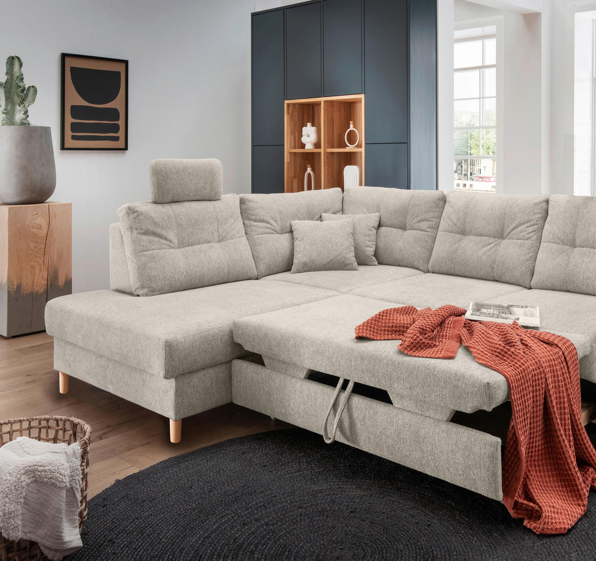 ECKSOFA in Chenille Beige  - Beige/Naturfarben, Modern, Holz/Textil (206/264cm) - Livetastic