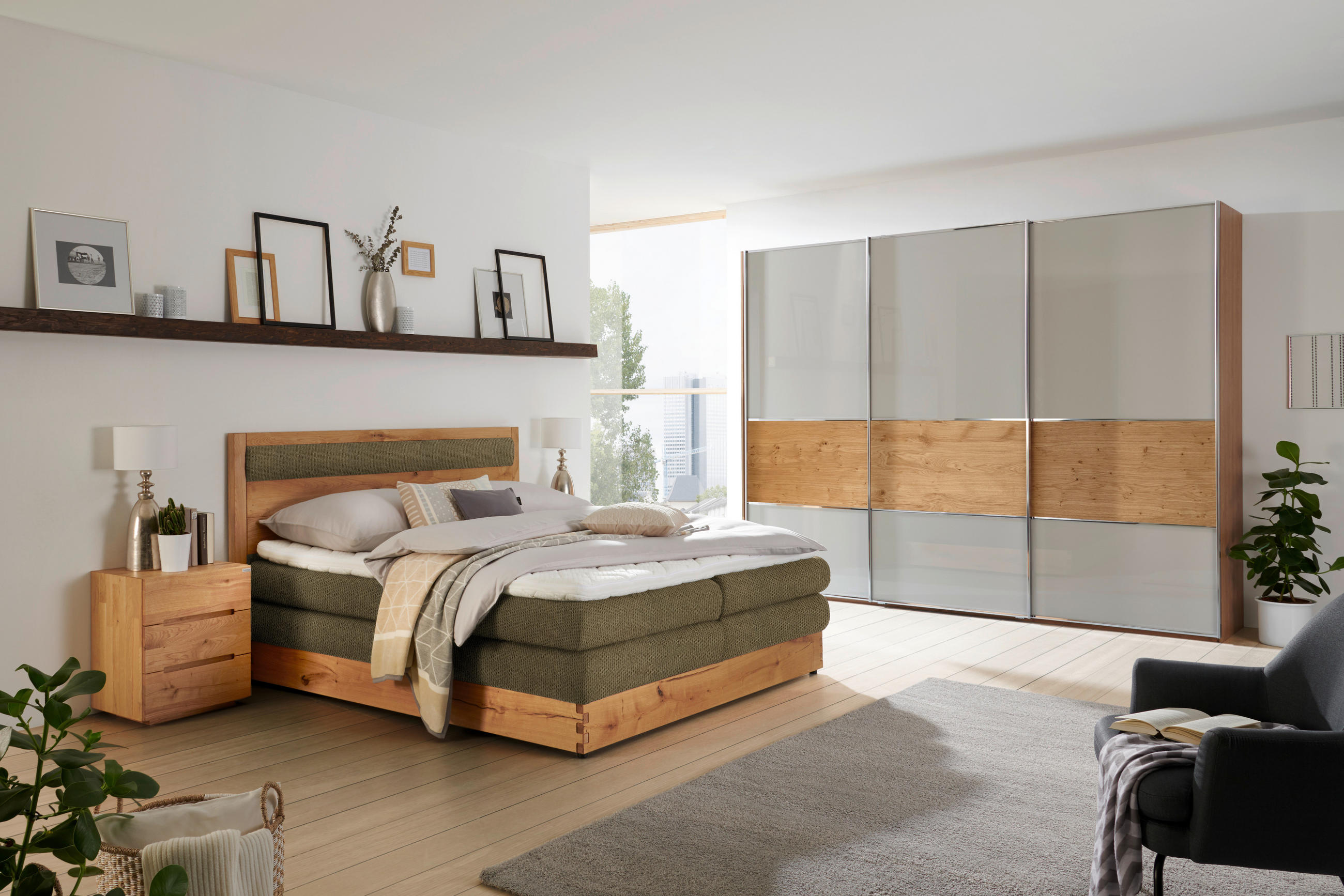 BOXSPRINGBETT 160/200 cm  in Eichefarben, Olivgrün  - Eichefarben/Schwarz, Konventionell, Holz/Holzwerkstoff (160/200cm) - Valnatura