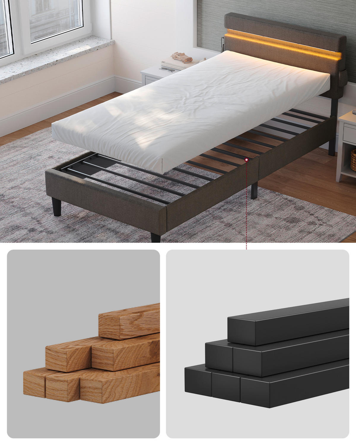 POLSTERBETT 90/200 cm,  in Dunkelgrau, Beleuchtung, Betttasche, Lattenroste, Befestigungsmaterial,  - Dunkelgrau/Schwarz, Basics, Holz/Textil (90/200cm) - Boxxx