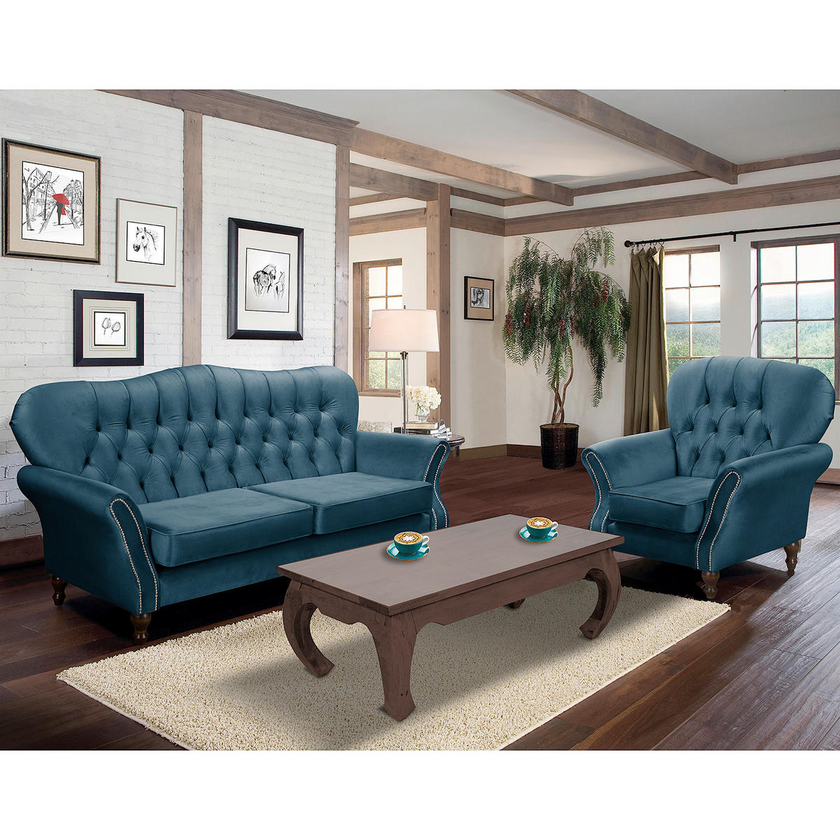 3-SITZER-SOFA Velours Dunkelblau  - Dunkelbraun/Dunkelblau, Design, Holz/Textil (210/98/95cm) - P & B