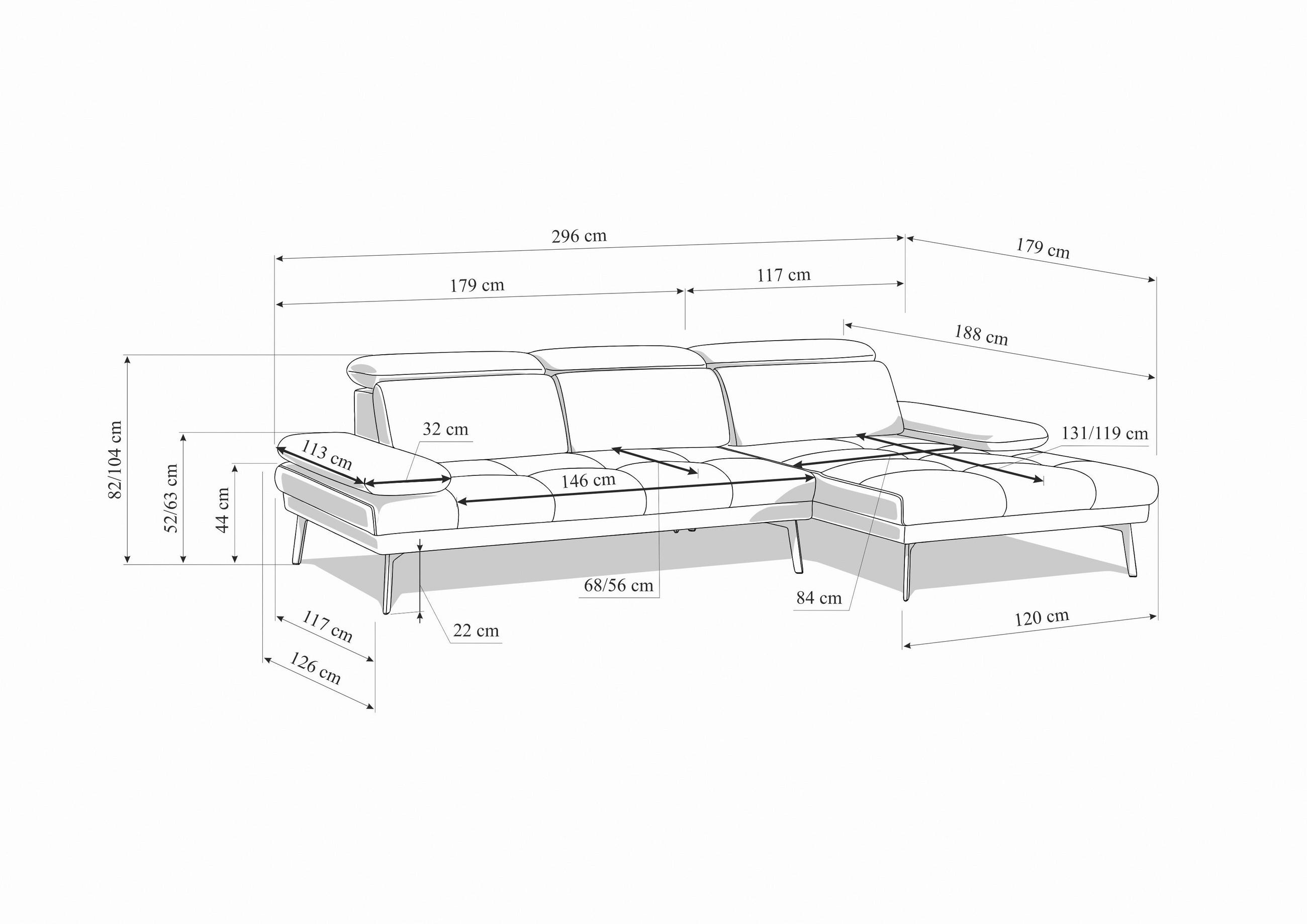 Thumbnail - Xora Ecksofa More_LZ, Creme, Textil, 3-Sitzer, Ottomane links, Eckteil, 296x188 cm, Rücken echt, Armteil links, rechts, ...