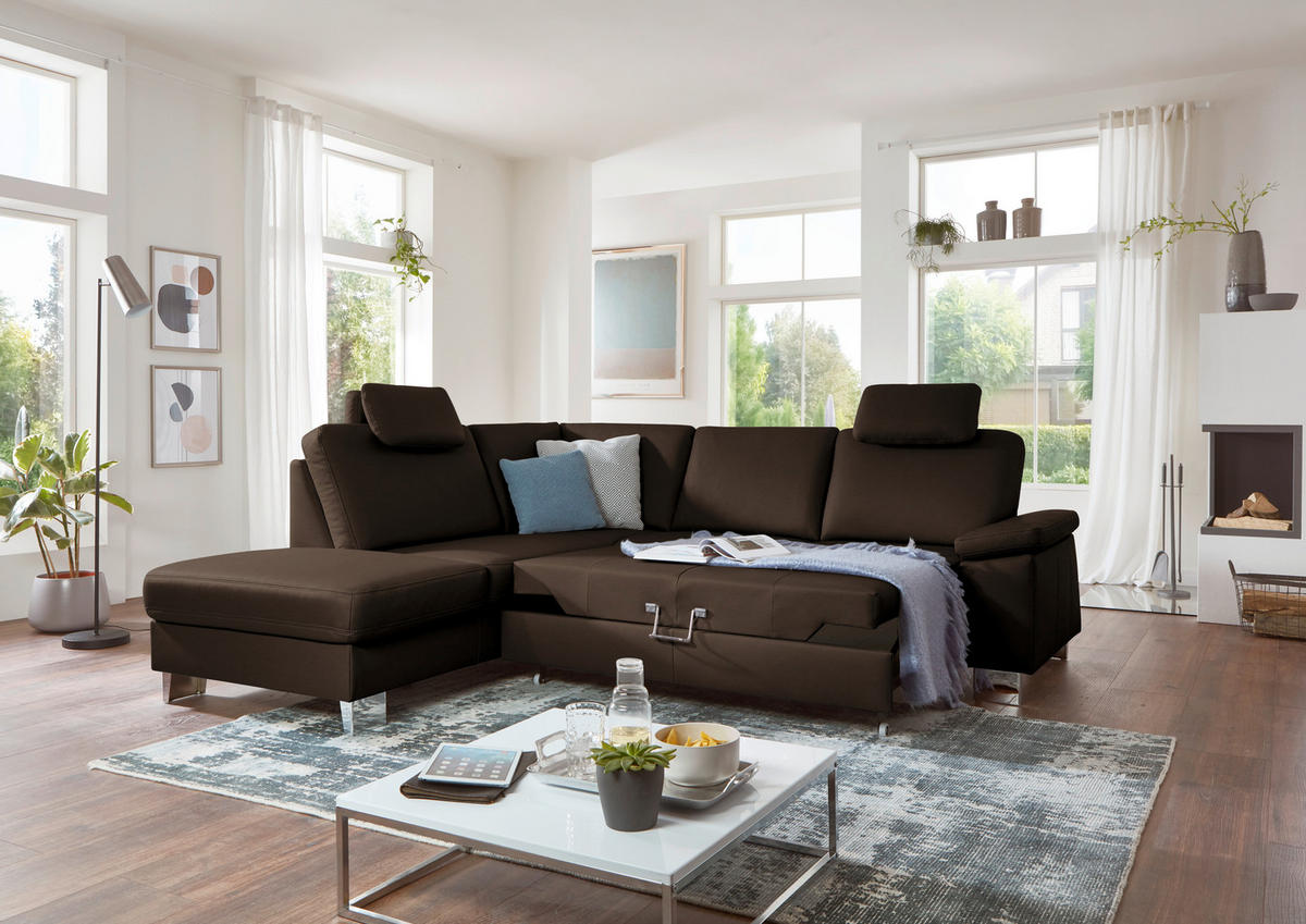 ECKSOFA  in Echtleder Dunkelbraun  235/248 cm  - Dunkelbraun/Alufarben, Design, Leder/Metall (235/248cm) - Beldomo Premium