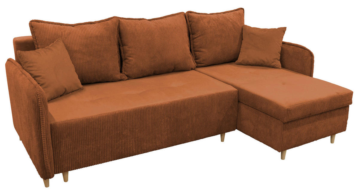 ECKSOFA TEDDY Rot Cord, Bouclé Zierkissen, Rückenkissen, Bettkasten  - Rot/Naturfarben, Design, Holz/Textil (215/142cm) - MID.YOU