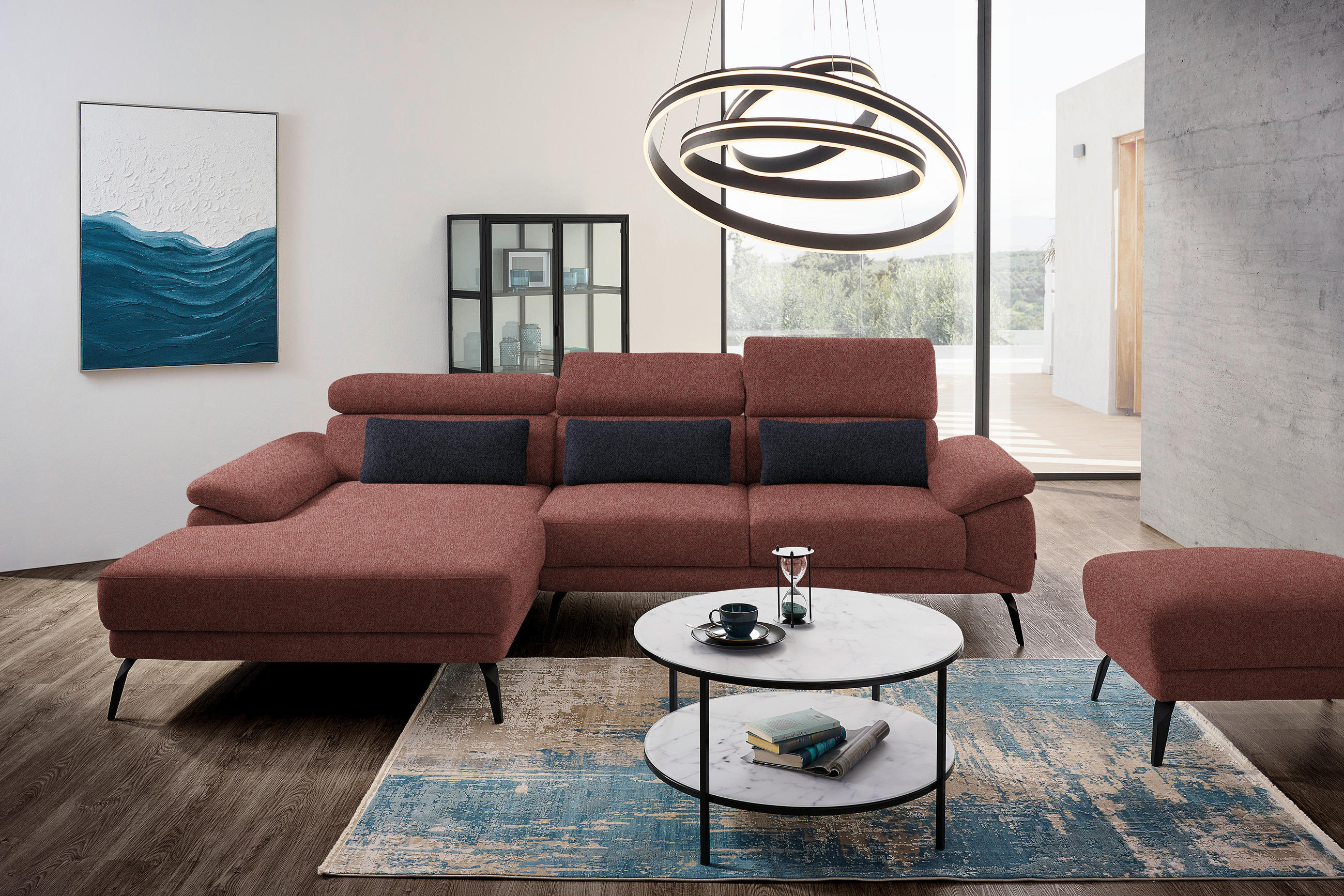 ECKSOFA in Velours Weinrot  - Weinrot/Schwarz, Design, Textil/Metall (187/295cm) - Novel