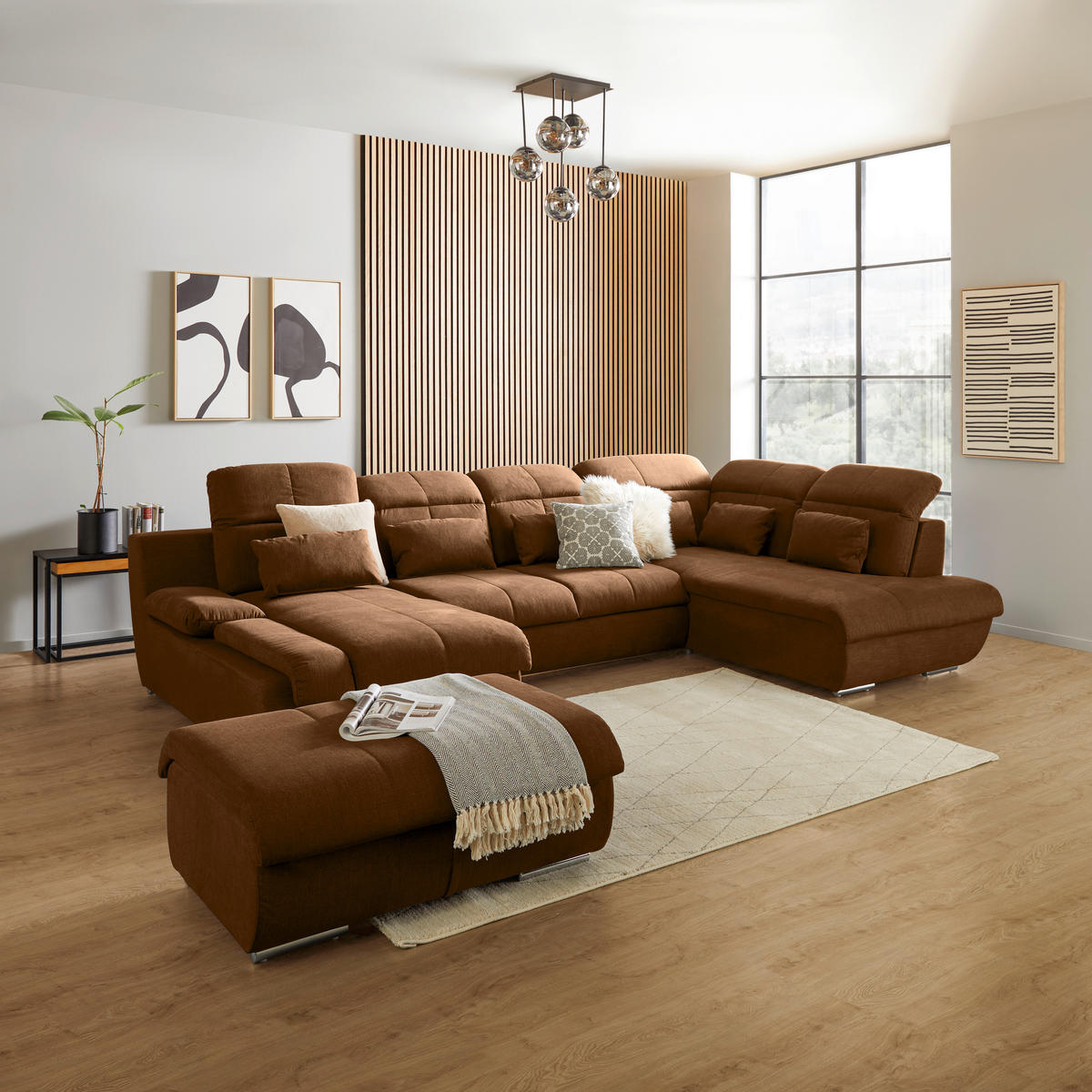 WOHNLANDSCHAFT Cognac Mikrofaser  - Chromfarben/Dunkelgrau, MODERN, Textil/Metall (184/345/228cm) - MID.YOU