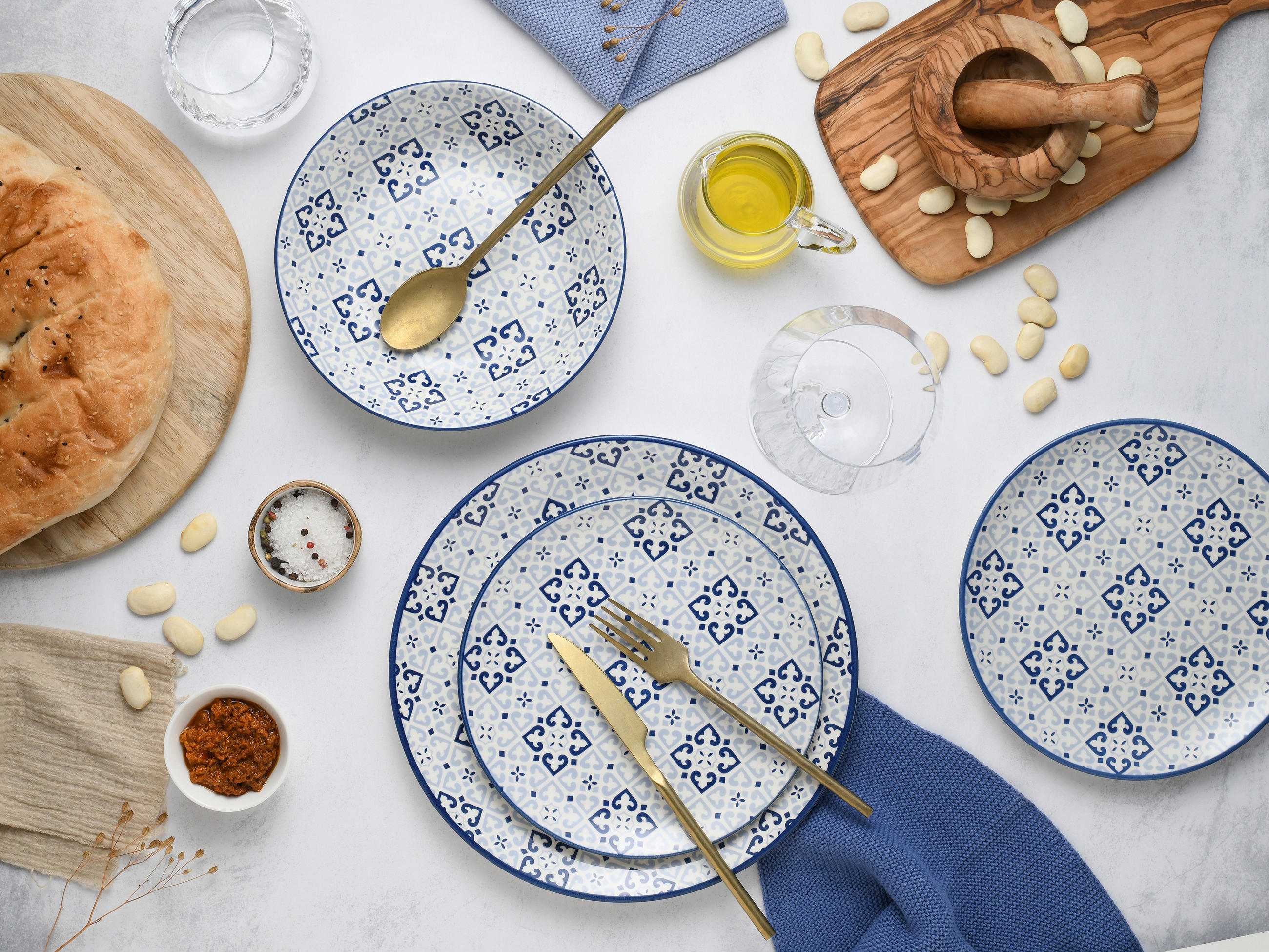 TAFELSERVICE Yara Blau 12-teilig  - Blau/Weiß, Basics, Keramik - Creatable