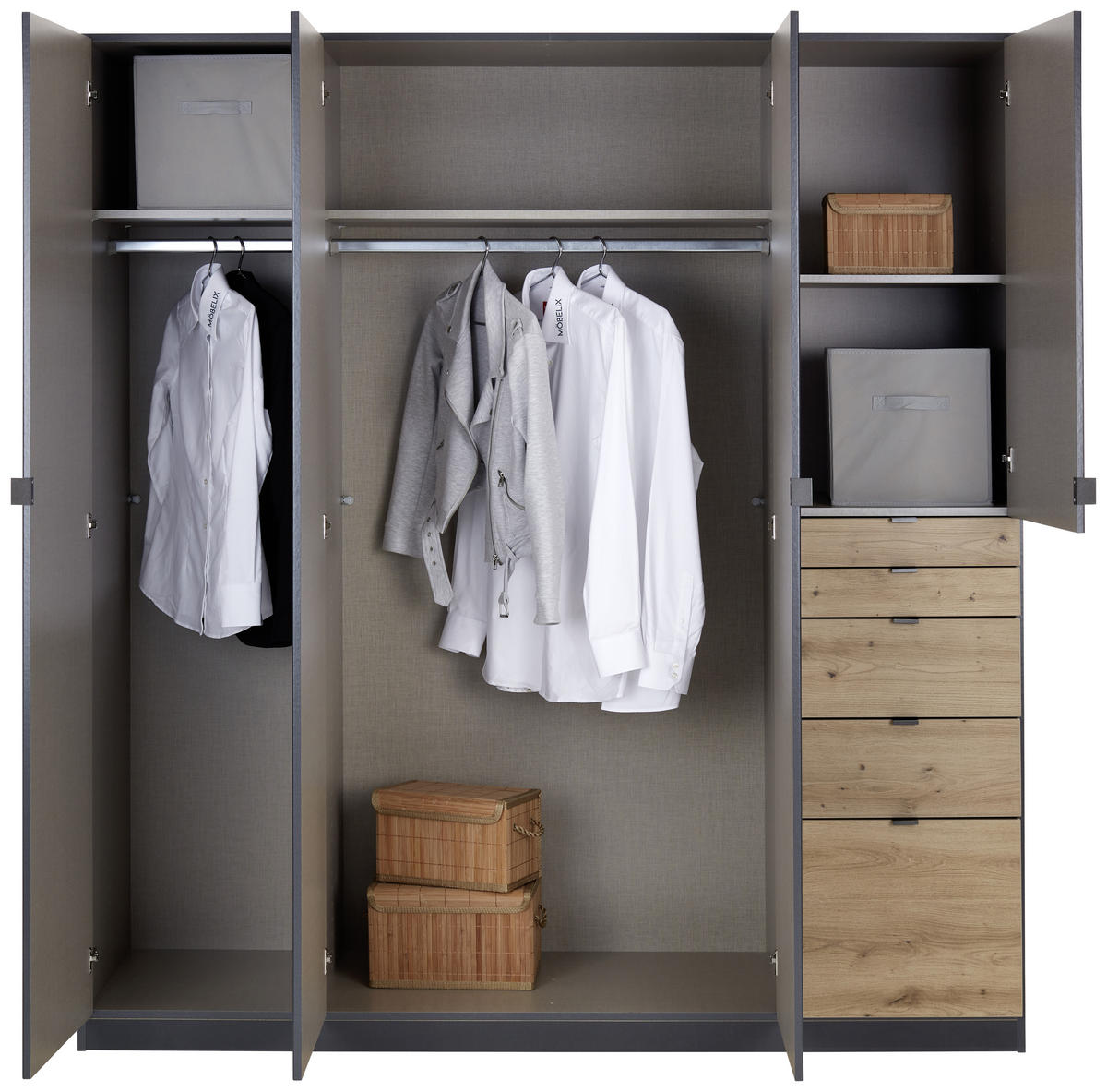 DREHTÜRENSCHRANK in Dunkelgrau, Eiche Artisan  - Eichefarben/Dunkelgrau, Modern, Holzwerkstoff (181/197/54cm) - Rauch Möbel