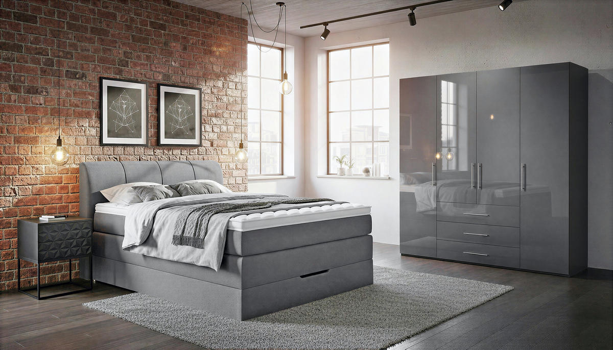 BOXSPRINGBETT 140/200 cm,  in Anthrazit, Matratze, Bettkasten, Topper, H2 + H3 = mittel + fest  - Anthrazit, KONVENTIONELL, Textil (140/200cm) - Carryhome
