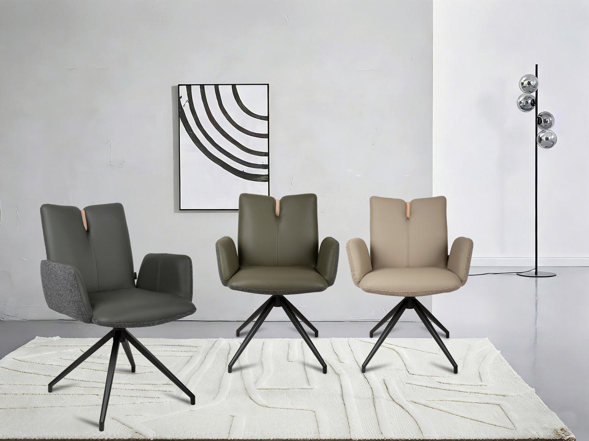 ARMLEHNSTUHL  Sitzfläche 360° drehbar, automatische Rückholfunktion Bouclé Echtleder  - Beige/Schwarz, Design, Leder/Holz (62/87/63cm) - Valnatura