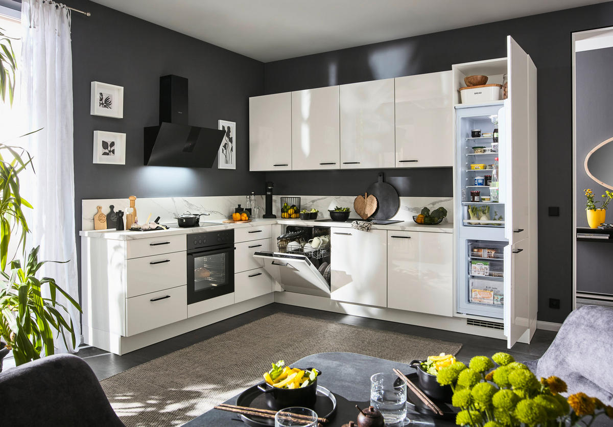 EINBAUKÜCHE   - Weiß Hochglanz, Design, Holzwerkstoff - Celina