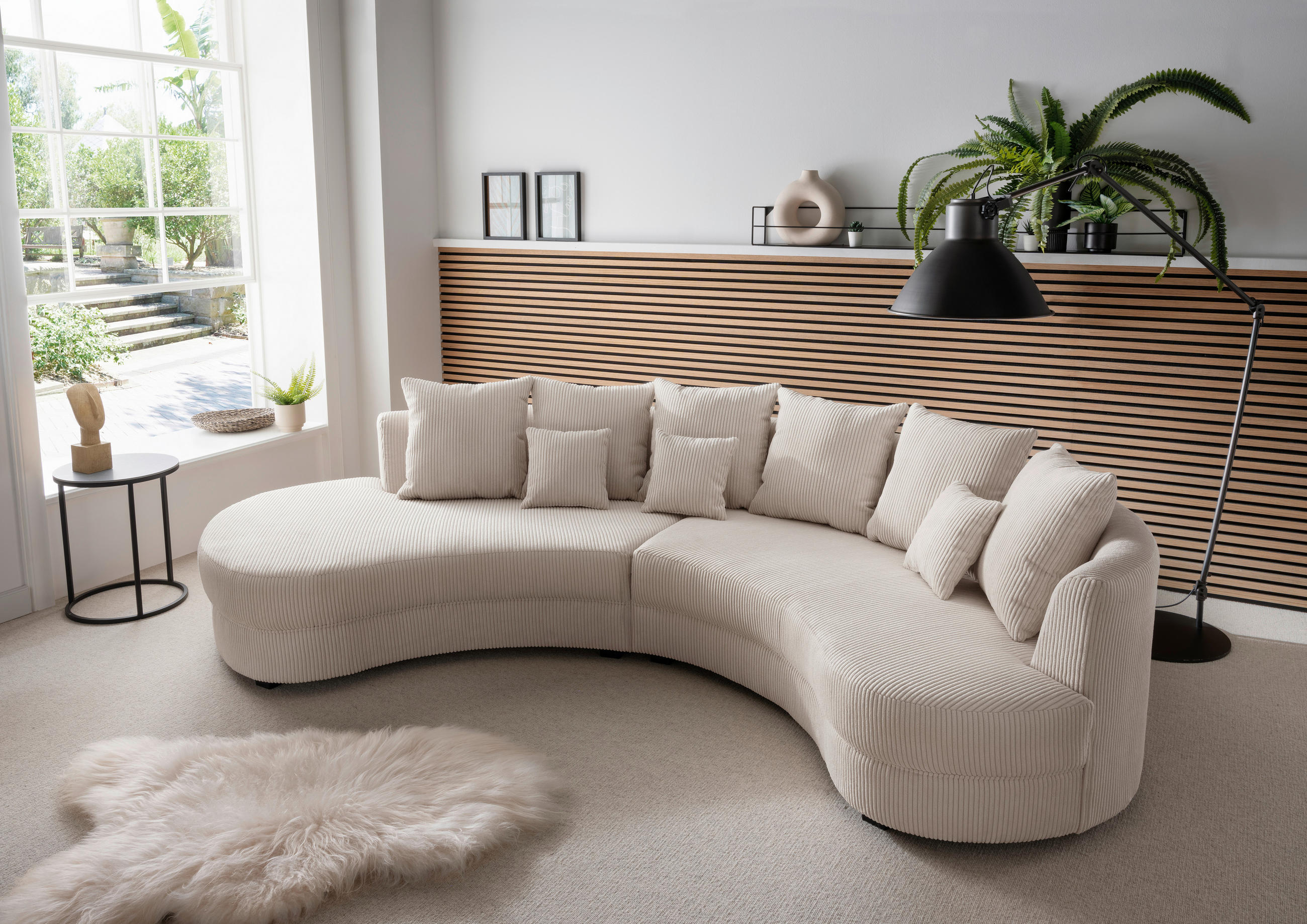 Wohnlandschaft inkl. HockerOttomane links, organische Form  in Cord Beige  - Beige/Schwarz, Design, Kunststoff/Textil (160/300cm) - Livetastic