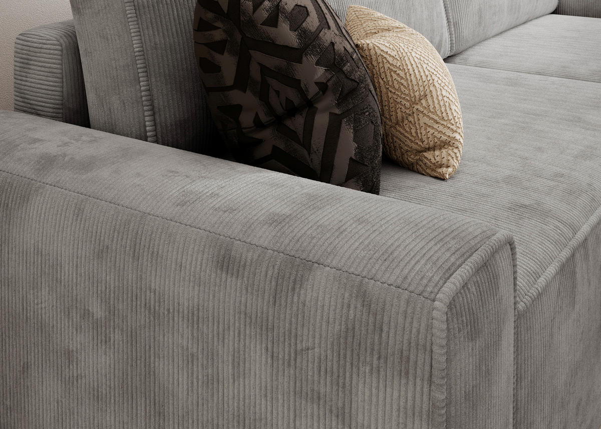 ECKSCHLAFSOFA CHALLANGE  mit Schlafen auf Sitzhöhe, Rücken echt, Armteil links, Armteil rechts Cord Grau  - Schwarz/Grau, MODERN, Kunststoff/Textil (246/168cm) - Trendmanufaktur