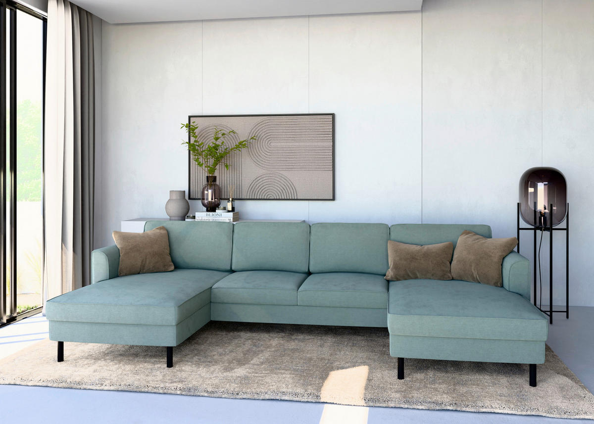 WOHNLANDSCHAFT Mintgrün Struktur  - Schwarz/Mintgrün, MODERN, Textil/Metall (161/306/161cm) - Trendmanufaktur